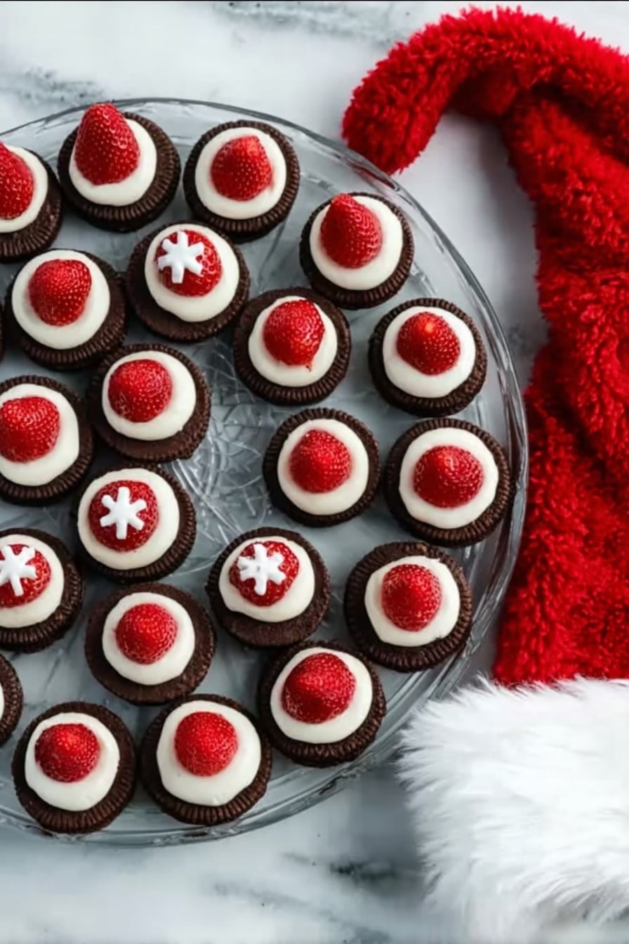 Santa Hat Brownies with Strawberries Recipe 6 A round clear glass plate holds 28 small round chocolate cookies arranged closely in a circular shape on a white marbled surface. Each cookie has three layers: a base layer of dark brown chocolate cookie, topped with a white cream layer that is smooth and thick, and a fresh red strawberry slice sits on top in the center of each cookie. On each strawberry, there is a small white cream decoration shaped like a flower or star. To the right of the plate, a red and white Santa hat with soft, fluffy texture is lying flat, adding a festive touch. Photo taken with an iphone --ar 2:3 --v 7 - Santa Hat Brownies with Strawberries, Christmas brownie recipes, holiday festive desserts, adorable holiday treats, easy Christmas dessert ideas