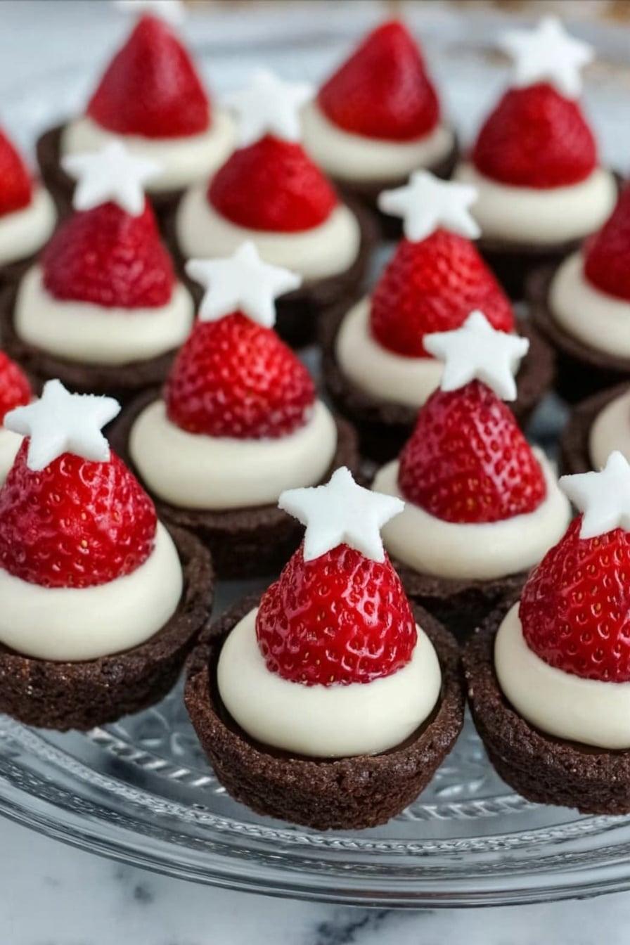 Santa Hat Brownies with Strawberries Recipe 8 The image shows many small chocolate tartlets arranged neatly on a clear glass plate. Each tartlet has a thick dark brown chocolate base forming the first layer, topped with a layer of smooth white cream. On top of the cream is a fresh whole strawberry with its pointed tip facing up, and a small dollop of white cream shaped like a star is placed on each strawberry tip. The background is a white marbled texture. photo taken with an iphone --ar 2:3 --v 7 - Santa Hat Brownies with Strawberries, Christmas brownie recipes, holiday festive desserts, adorable holiday treats, easy Christmas dessert ideas