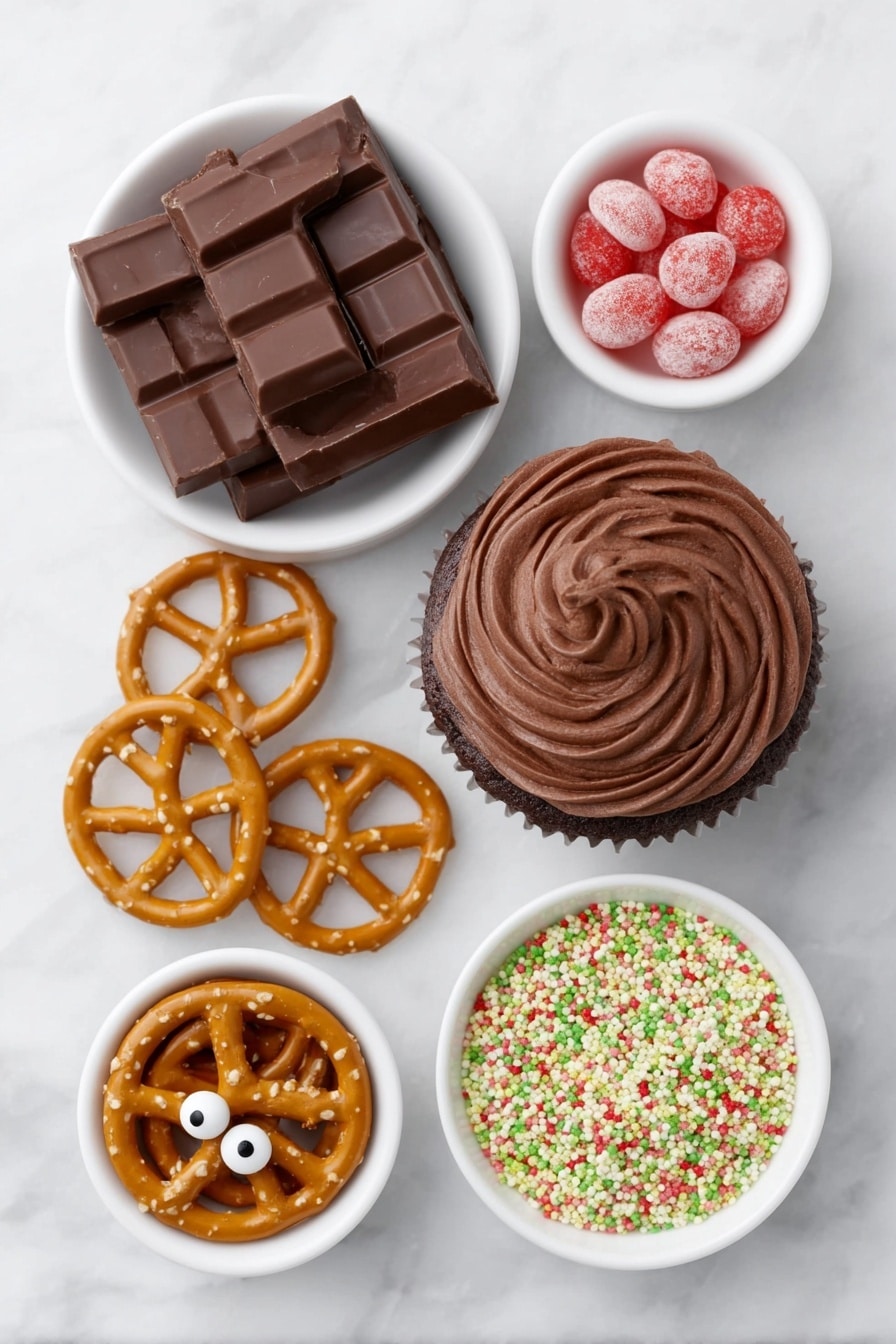 Rudolph Cupcakes with Chocolate and Pretzel Antlers Recipe 7 Flat lay of a round chocolate cupcake with smooth swirled chocolate frosting piped on top, a small pile of mini rectangular chocolate candy bars with glossy dark brown surfaces, bright red cinnamon candies scattered around, two glossy white candy eyes with black pupils, several golden-brown mini pretzels shaped like antlers, a small mound of red and green rainbow sprinkles in a white ceramic bowl, all ingredients fresh and natural, simple white ceramic bowls holding the candies and sprinkles, perfect symmetry and balanced layout, placed on a clean white marble surface, soft natural light, photo taken with an iPhone, professional food photography style, fresh ingredients, white ceramic bowls, no bottles, no duplicates, no utensils, no packaging --ar 2:3 --v 7 --p m7354615311229779997 - Rudolph Cupcakes with Chocolate and Pretzel Antlers, festive holiday cupcakes, reindeer Christmas dessert, adorable holiday cupcake ideas, easy holiday treats