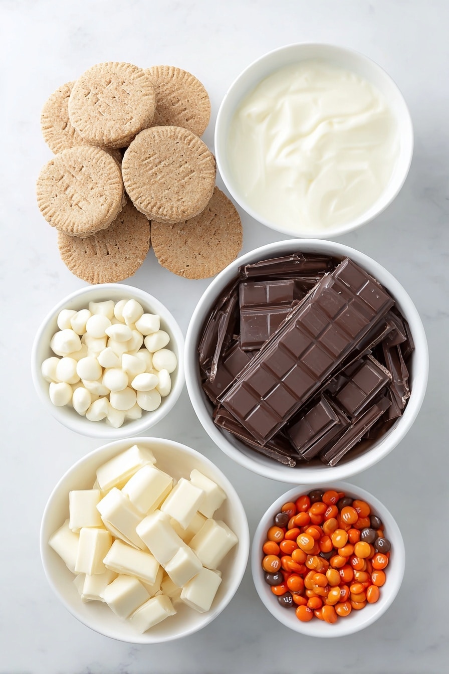 Flat lay of a small mound of pale white flour, a few light brown whole eggs with smooth clean shells, a small white ceramic bowl of fine white sugar, a small white bowl with melted golden butter, a small white bowl of creamy milk, a small white bowl of thick creamy Greek yogurt, a small white bowl holding vanilla extract, a neat pile of light beige baking powder and baking soda powders, a small pinch of warm brown nutmeg powder on a white ceramic plate, finely chopped dark chocolate chunks on a simple white dish, a small white bowl with light golden corn syrup, smooth round white chocolate chips arranged neatly, tiny dark mini chocolate chips, regular sized glossy chocolate chips grouped together, bright red glossy M&M candies, and rustic broken pretzel pieces shaped like antlers, all evenly spaced and perfectly symmetrical, placed on a clean white marble surface, soft natural light, photo taken with an iPhone, professional food photography style, fresh ingredients, white ceramic bowls, no bottles, no duplicates, no utensils, no packaging --ar 2:3 --v 7 --p m7354615311229779997 - Chocolate Frosted Reindeer Donuts, festive holiday donuts, reindeer decorated donuts, easy Christmas treats, holiday donut recipes