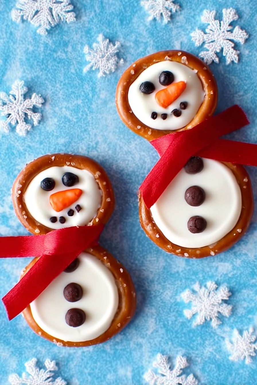 The image shows three snowman-shaped treats made from two round pretzels each. Each pretzel is topped with a smooth white layer, likely white chocolate or icing, creating two circles stacked vertically to form the body and head. Small dark chocolate chips make up the eyes, mouth, and buttons of each snowman. An orange candy piece forms each carrot nose. Each snowman is wrapped around the neck with a different colored candy scarf: one red, one blue, and one green. The treats are placed on a white marbled surface with a light green and white checkered cloth underneath. photo taken with an iphone --ar 2:3 --v 7 - Frosty Snowman Pretzels, festive holiday treats, snowman pretzels, holiday party snacks, adorable Christmas treats
