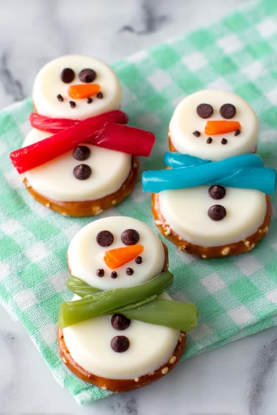 Two snowman-shaped treats lie on a blue background with white snowflake patterns. Each snowman is made of two round pretzels stacked vertically to form the head and body. The inside of each pretzel is filled with white icing, creating smooth white circles. On the top circle, two small black dots serve as eyes, and a small orange carrot-shaped icing piece forms the nose. Smiling mouths are drawn with small black dots below the nose. The body has two or three larger black icing dots as buttons. Each snowman is wrapped around the middle with a red licorice strip shaped like a scarf, crossing over the body in a diagonal line. The overall look is bright, colorful, and festive. photo taken with an iphone --ar 2:3 --v 7 - Frosty Snowman Pretzels, festive holiday treats, snowman pretzels, holiday party snacks, adorable Christmas treats