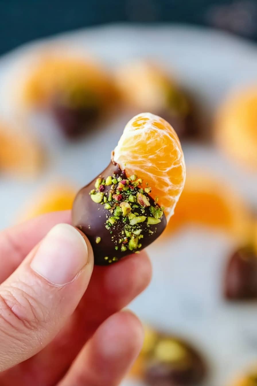 Chocolate Dipped Mandarin Slices Recipe 6 A close-up image showing a person holding a single tangerine segment partially dipped in dark chocolate, with colorful crushed nuts sprinkled on the chocolate part. The tangerine segment is bright orange with a smooth and slightly shiny texture. The dark chocolate layer is glossy and thick, covering half the segment. The crushed nuts add small bits of green and red, creating a textured topping. The person's fingers gently hold the tangerine segment, with a blurred background of more tangerine pieces and nuts on a white marbled surface. photo taken with an iphone --ar 2:3 --v 7 - Chocolate Dipped Mandarin Slices, candied mandarin segments, citrus chocolate treats, easy fruit dessert, festive chocolate fruit dessert