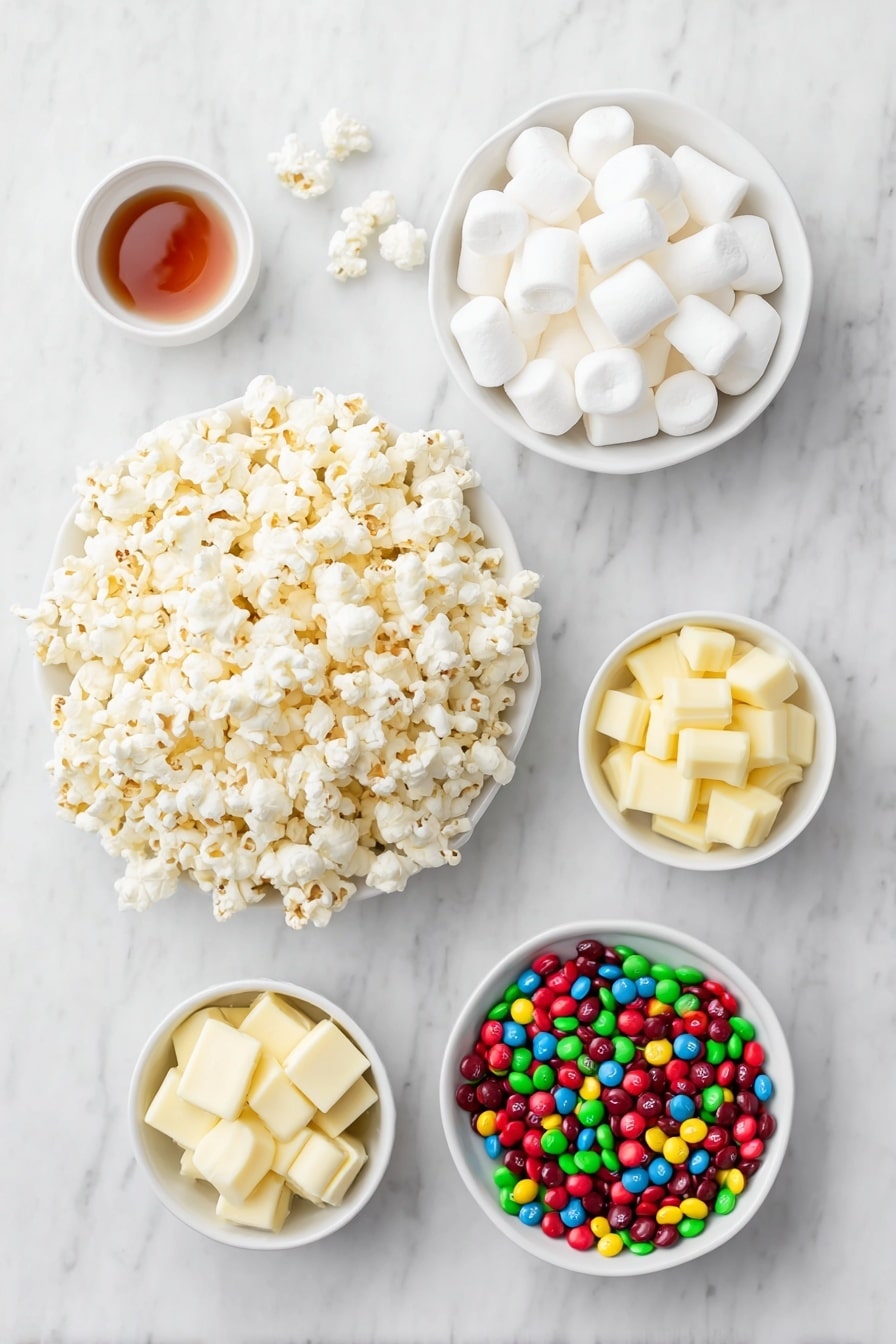 Flat lay of a large pile of fresh light butter popcorn with fluffy white marshmallows scattered nearby, a small white ceramic bowl filled with smooth white chocolate chips, a small white ceramic bowl holding golden yellow butter chunks, a small white ceramic bowl containing glossy amber corn syrup, and a simple white ceramic bowl brimming with colorful round candy-coated Sixlets in a vibrant mix of red, yellow, green, blue, and orange, all arranged in perfect symmetry on a clean white marble surface, soft natural light, photo taken with an iPhone, professional food photography style, fresh ingredients, white ceramic bowls, no bottles, no duplicates, no utensils, no packaging --ar 2:3 --v 7 --p m7354615311229779997 - White Chocolate Popcorn with Colorful Sixlets, colorful popcorn snack, white chocolate popcorn recipe, festive popcorn treats, easy movie night popcorn