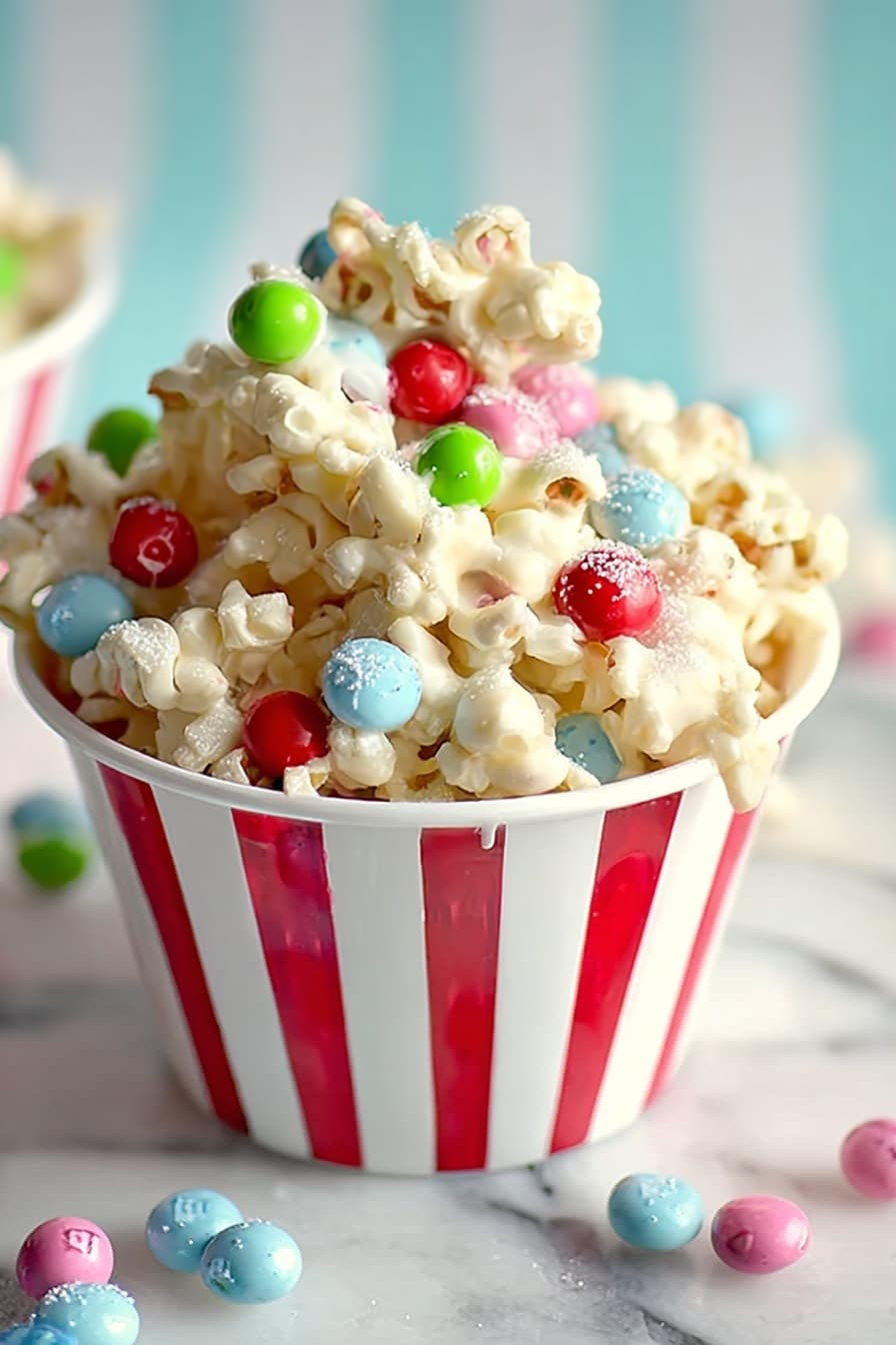 The image shows a white cup with red vertical stripes filled with popcorn covered in white chocolate and colorful round candy pieces in red, green, pink, blue, and white. The popcorn pieces are clustered tightly together, with candy balls scattered on top and around the cup. The cup sits on a white marbled surface with a soft striped background in light blue and white. The scene is bright and cheerful, with a close-up focus on the cup and its sweet, crunchy contents photo taken with an iphone --ar 2:3 --v 7 - White Chocolate Popcorn with Colorful Sixlets, colorful popcorn snack, white chocolate popcorn recipe, festive popcorn treats, easy movie night popcorn