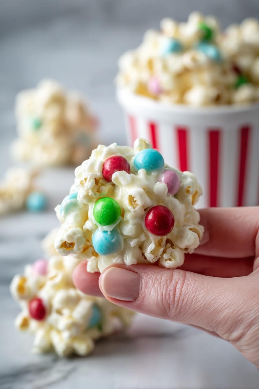 White Chocolate Popcorn with Colorful Sixlets Recipe - Serving