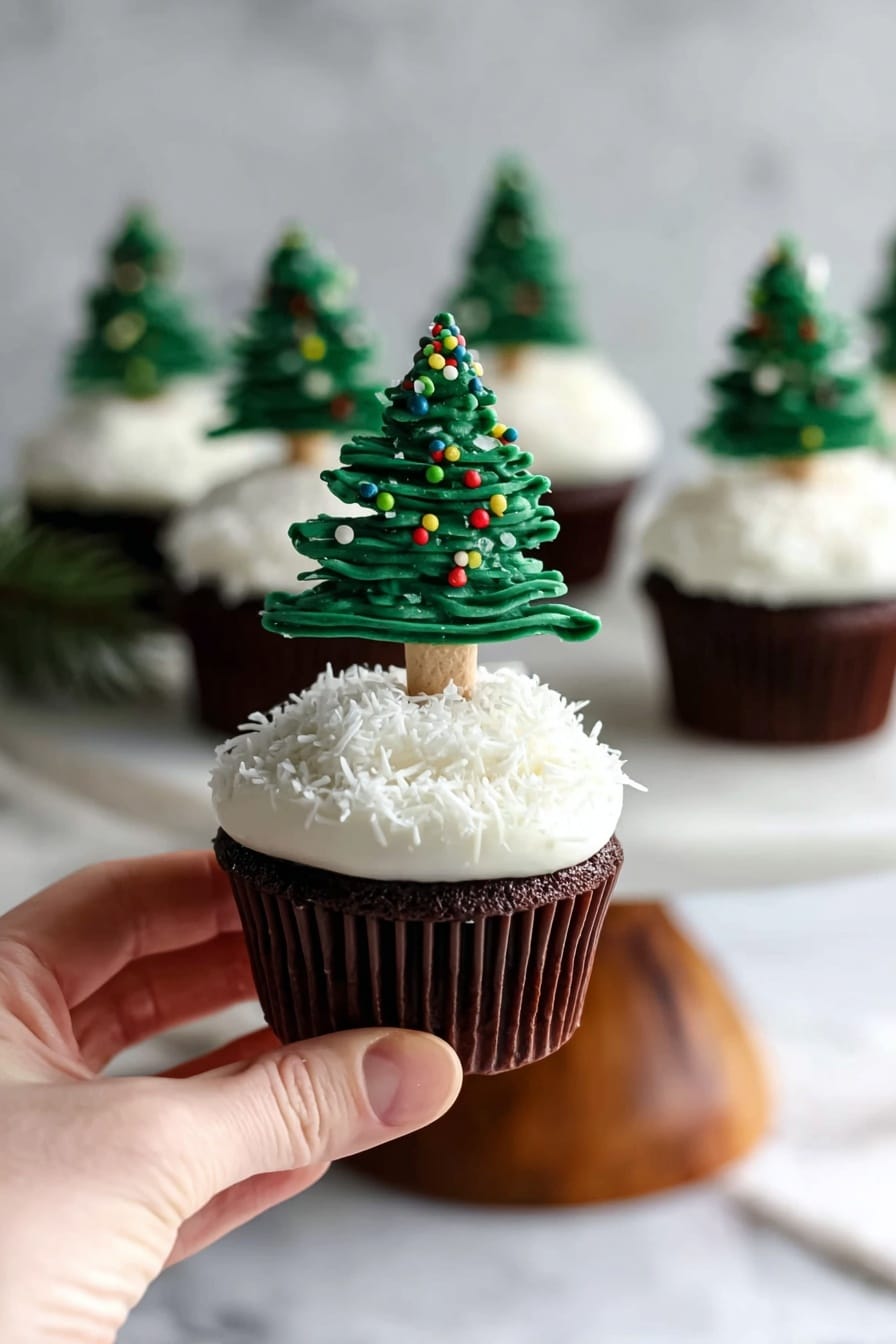 A dark brown cupcake topped with a thick layer of white frosting that looks like soft snow, sprinkled lightly with shredded white coconut creating a fluffy texture. On top of the frosting stands a small green Christmas tree made of piped green icing with colorful small round sprinkles as ornaments. The tree trunk is a light brown stick inserted into the cupcake. The cupcake is held by a woman's hand in the foreground, with more similarly decorated cupcakes blurred in the background on a white marbled surface and a wooden cake stand. photo taken with an iphone --ar 2:3 --v 7 - Chocolate Christmas Tree Cupcakes, festive holiday cupcakes, Christmas cupcake ideas, holiday dessert recipes, whimsical Christmas treats
