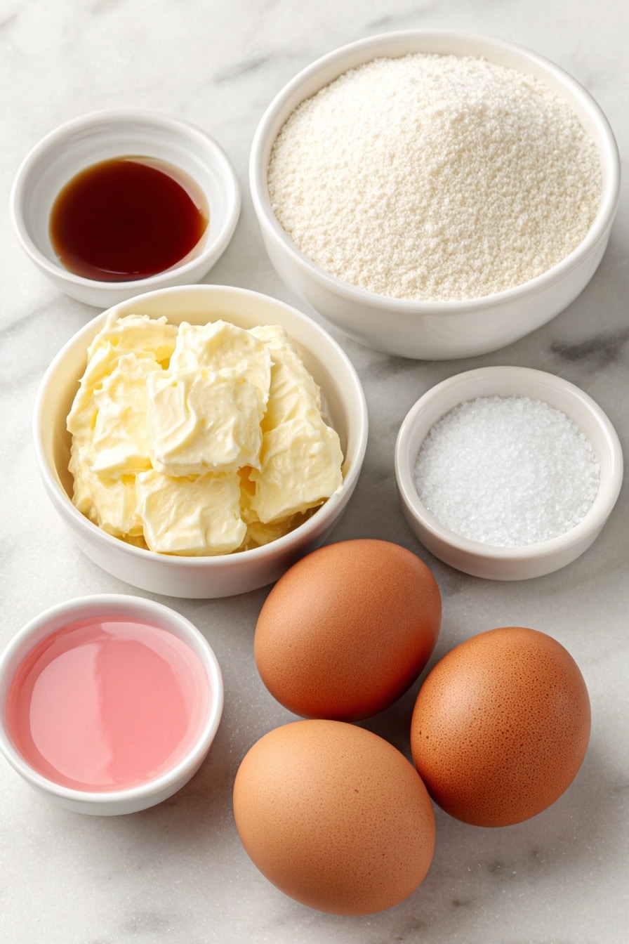 Flat lay of four large whole brown eggs with clean shells, a small white ceramic bowl of fine granulated sugar, a small white ceramic bowl holding cream of tartar powder, a small white ceramic bowl with kosher salt crystals, a small white ceramic bowl containing clear vanilla extract, and a delicate drop of pale pink icing color in a tiny white ceramic bowl, all arranged in perfect symmetry on a clean white marble surface, soft natural light, photo taken with an iPhone, professional food photography style, fresh ingredients, white ceramic bowls, no bottles, no duplicates, no utensils, no packaging --ar 2:3 --v 7 --p m7354615311229779997 - Simple Meringue Cookies, meringue cookies, easy meringue treats, crispy chewy cookies, beginner meringue recipe