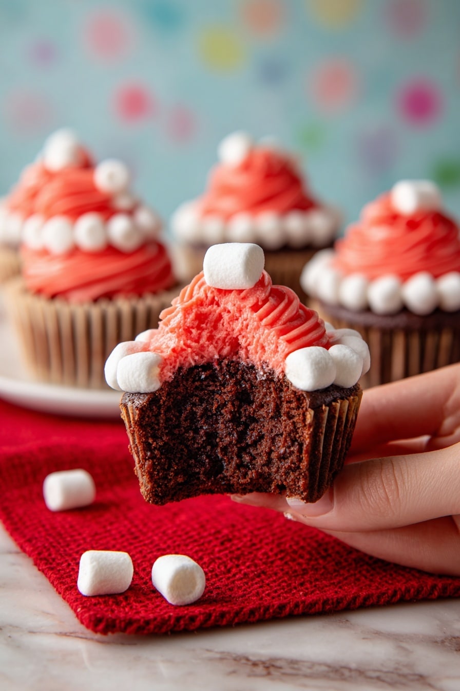 Three chocolate cupcakes are placed on a red woven cloth over a white marbled surface. Each cupcake has a dark brown base and is topped with a swirl of bright red frosting shaped like a small cone. Around the base of the frosting swirl, there is a ring of small white marshmallows, and one marshmallow sits on the top of the red frosting swirl. The background has a white base with colorful polka dots in red, green, yellow, and brown evenly spaced out. photo taken with an iphone --ar 2:3 --v 7 - Santa Hat Cupcakes with Mini Marshmallows, festive holiday cupcakes, adorable Christmas treats, easy holiday baking ideas, Christmas cupcake recipes
