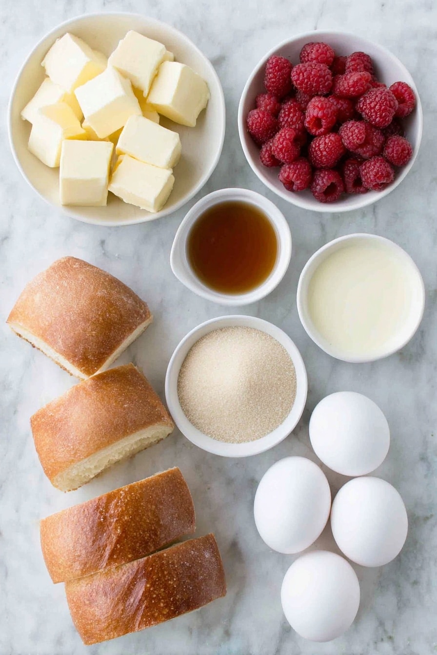 Flat lay of fresh golden French bread cut into cubes, six whole brown eggs with clean shells, a small white ceramic bowl of rich light brown sugar, a few tablespoons of glossy pure maple syrup in a small white bowl, a small white bowl of creamy half-and-half, a stick of smooth pale yellow butter, a small white bowl of clear vanilla extract, a pinch of salt in a small white bowl, a dollop of sweetened whipped cream in a simple white bowl, fresh ripe red strawberries and plump raspberries arranged neatly, all placed on a clean white marble surface, soft natural light, photo taken with an iPhone, professional food photography style, fresh ingredients, white ceramic bowls, no bottles, no duplicates, no utensils, no packaging --ar 2:3 --v 7 --p m7354615311229779997 - Overnight Creme Brûlée French Toast Bake, French Toast Breakfast Ideas, Easy Overnight French Toast, Caramelized French Toast Casserole, Brunch Recipes with Creme Brûlée