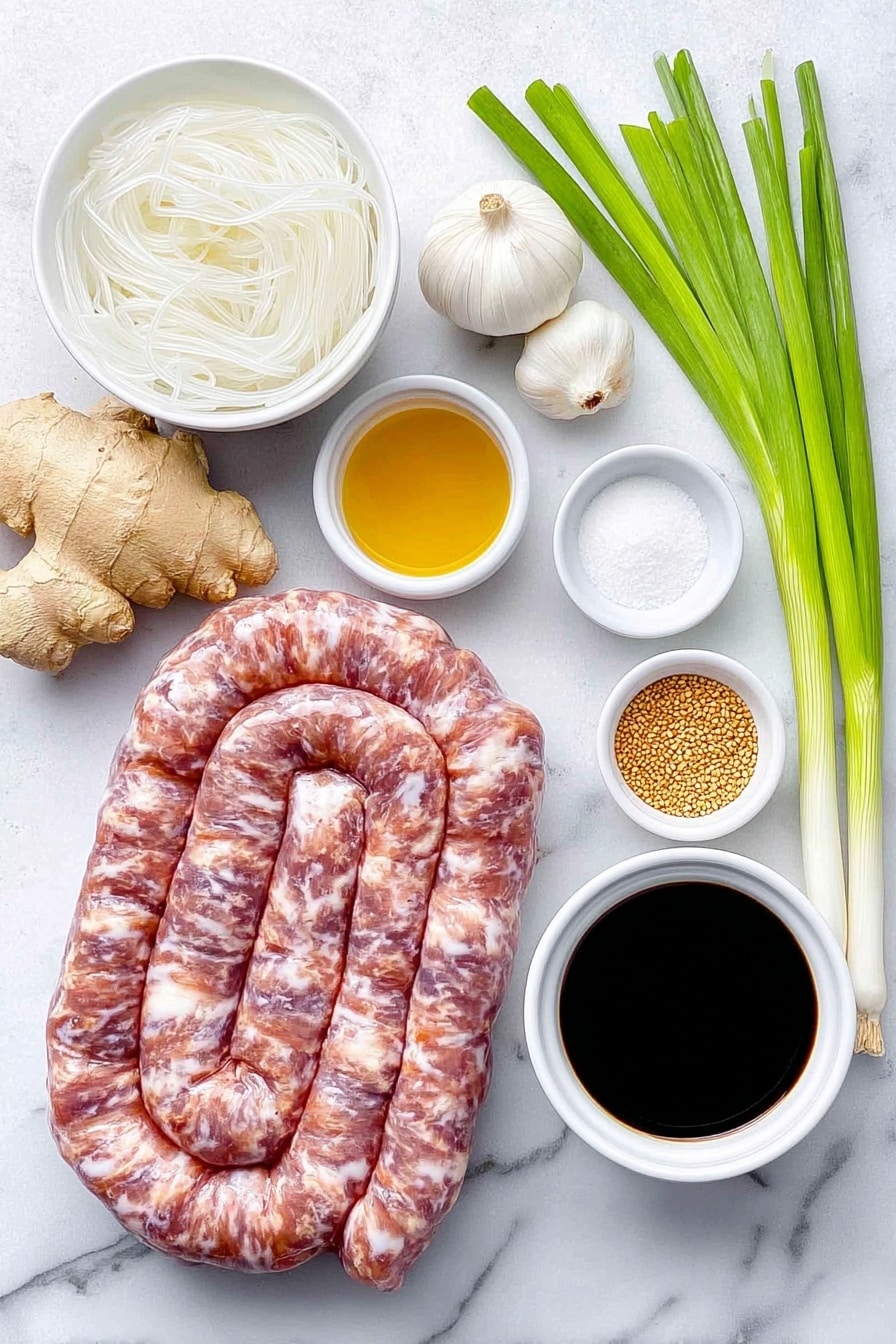 Flat lay of fresh coiled pork small intestine, a small white bowl of uncooked sweet rice, a small white bowl with soaked translucent sweet potato starch vermicelli noodles, three whole garlic cloves, an 11-inch knob of fresh ginger root, a small white bowl of coarse salt, a small white bowl of ground black pepper, a small white bowl of golden toasted sesame oil, a small white bowl of toasted sesame seeds, five fresh green scallions with white bulbs, and a small white bowl filled with dark beef or pork blood, all arranged with perfect symmetry and balanced proportions, placed on a clean white marble surface, soft natural light, photo taken with an iPhone, professional food photography style, fresh ingredients, white ceramic bowls, no bottles, no duplicates, no utensils, no packaging --ar 2:3 --v 7 --p m7354615311229779997 - Korean Blood Sausage Sundae, Korean street food recipes, authentic Korean sundae, how to make sundae at home, Korean sausage dish