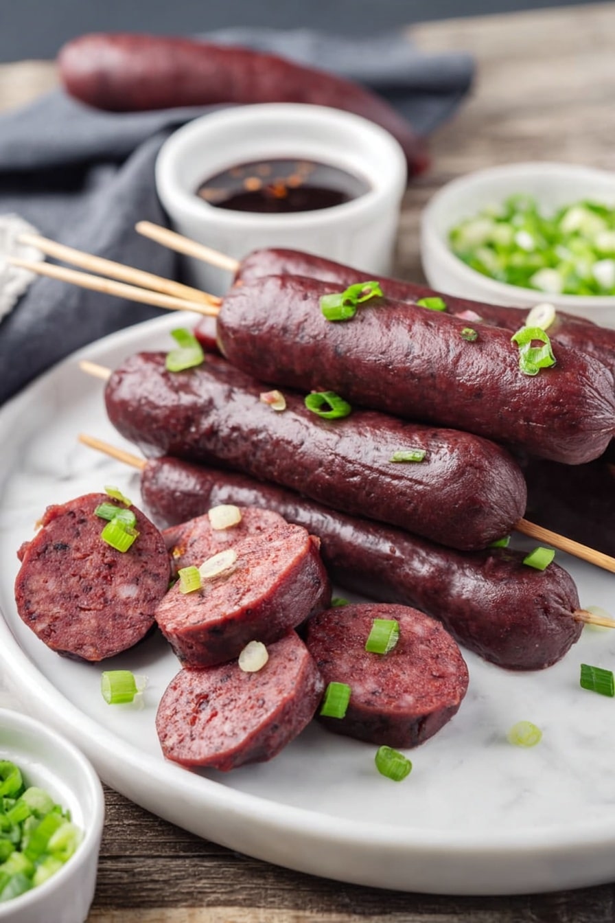The image shows a black round plate full of dark red sausages, some whole on skewers and some sliced into thick round pieces, all topped with small green chopped leaves. Around the plate, there are three small white bowls: one with a dark reddish-brown sauce, another with a smooth white sauce, and the third filled with finely chopped green pieces. The background is a dark stone surface with light veins. photo taken with an iphone --ar 2:3 --v 7 - Korean Blood Sausage Sundae, Korean street food recipes, authentic Korean sundae, how to make sundae at home, Korean sausage dish
