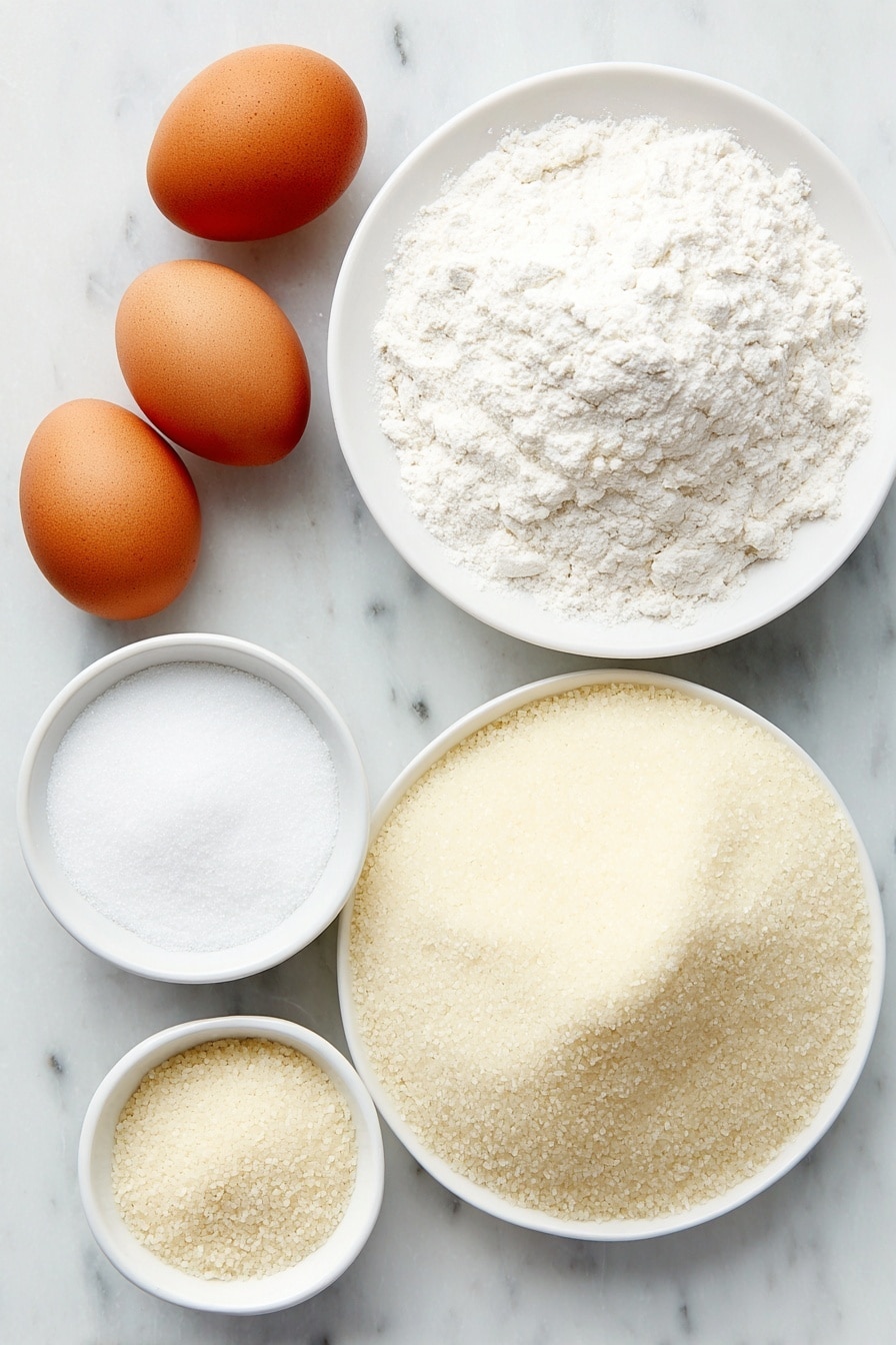 Flat lay of a small heap of white all-purpose flour loosely scattered on a simple white ceramic plate, three whole brown eggs with clean shells resting beside it, a small white ceramic bowl filled with fine white granulated sugar, a small white ceramic bowl containing fine white salt, a small white ceramic bowl holding warm clear water, and a small mound of pale beige active dry yeast granules on a white ceramic dish, all arranged in perfect symmetry and balanced proportions, placed on a clean white marble surface, soft natural light, photo taken with an iPhone, professional food photography style, fresh ingredients, white ceramic bowls, no bottles, no duplicates, no utensils, no packaging --ar 2:3 --v 7 --p m7354615311229779997 - Sweet Puff Puff, West African snacks, how to make puff puffs, fluffy sweet dough balls, easy puff puff recipe