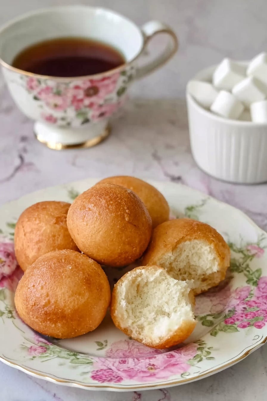 The image shows five golden brown round dough balls placed on a white plate with a floral pattern of pink and green flowers on the edges. Two of the dough balls are broken open, showing a soft and fluffy white inside. Behind the plate, there is a white cup with floral designs filled with dark tea. To the right, there is a white container holding white sugar cubes. The surface beneath everything is a white marbled texture. photo taken with an iphone --ar 2:3 --v 7 - Sweet Puff Puff, West African snacks, how to make puff puffs, fluffy sweet dough balls, easy puff puff recipe