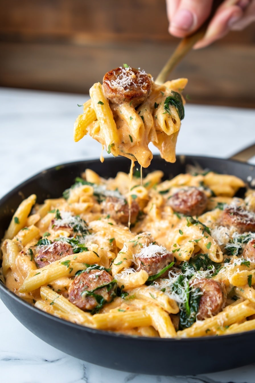 A close-up view of a pan filled with creamy orange-colored penne pasta evenly spread across the pan, mixed with browned small round sausage pieces scattered throughout. Bright green spinach leaves are layered in between and on top, giving a fresh look. The pasta is topped with a light sprinkle of grated white cheese and small green herb pieces. The edges of the pan are black, and the pan sits on a white marbled textured surface with a white cloth partially visible on the side. photo taken with an iphone --ar 2:3 --v 7 - Creamy Cajun Sausage Pasta, Cajun sausage pasta, creamy sausage pasta dish, quick Cajun pasta recipe, spicy Cajun pasta dinner