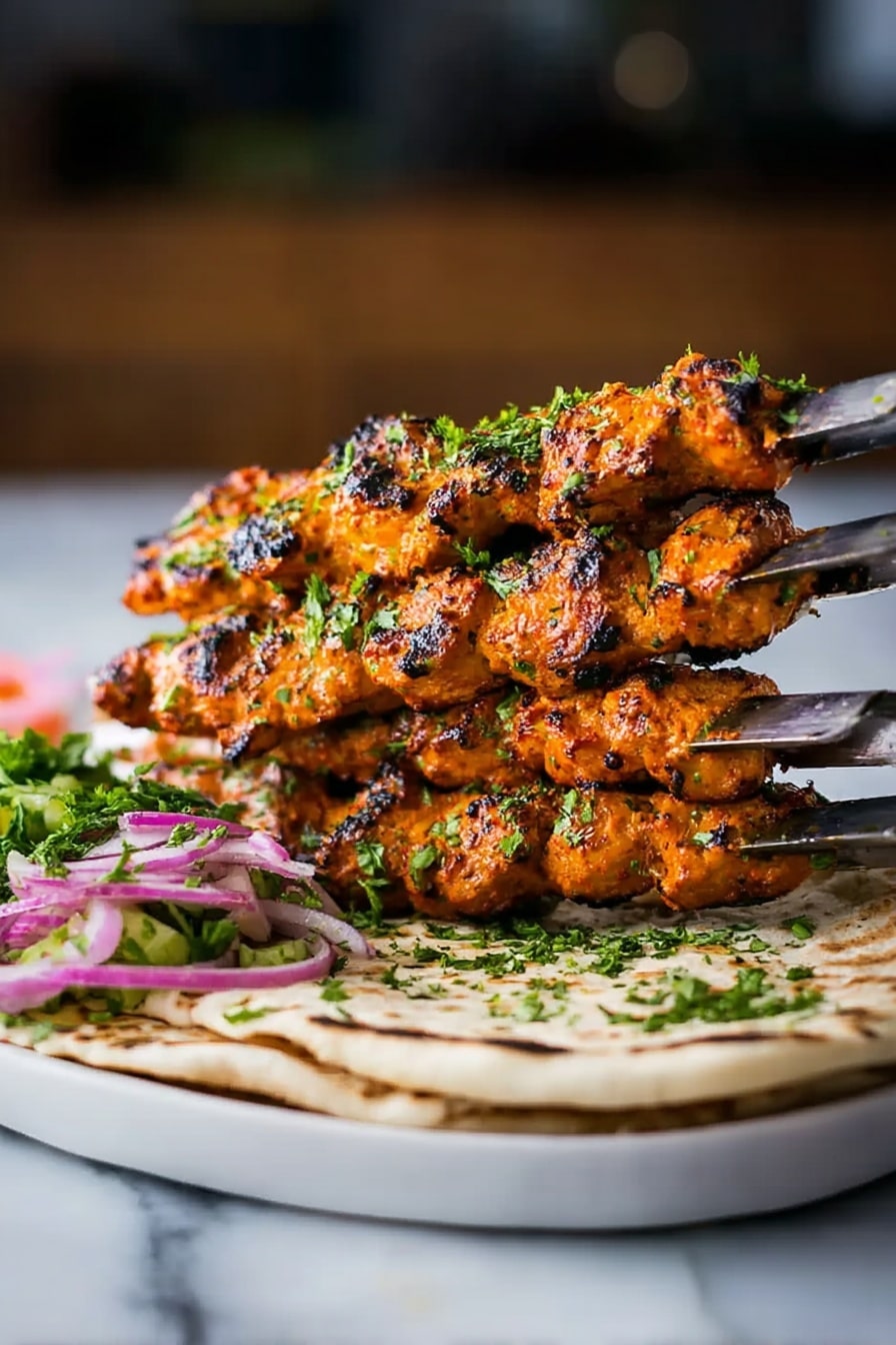 The image shows four skewers of grilled meat stacked on top of each other, each piece coated with a bright orange marinade and sprinkled with chopped green herbs. The skewers rest on a flat, round bread that has light brown grilled marks. To the side, there is a small serving of sliced red onions mixed with green herbs. The food is placed on a white plate with a curved edge, sitting on a white marbled surface. The background is softly blurred, highlighting the food with warm lighting. Photo taken with an iphone --ar 2:3 --v 7 - Chicken Tikka Kebabs with Indian Spices, Indian Spice Chicken Skewers, Authentic Chicken Tikka Marinade, Juicy Indian Kabobs, Easy Indian Kebabs