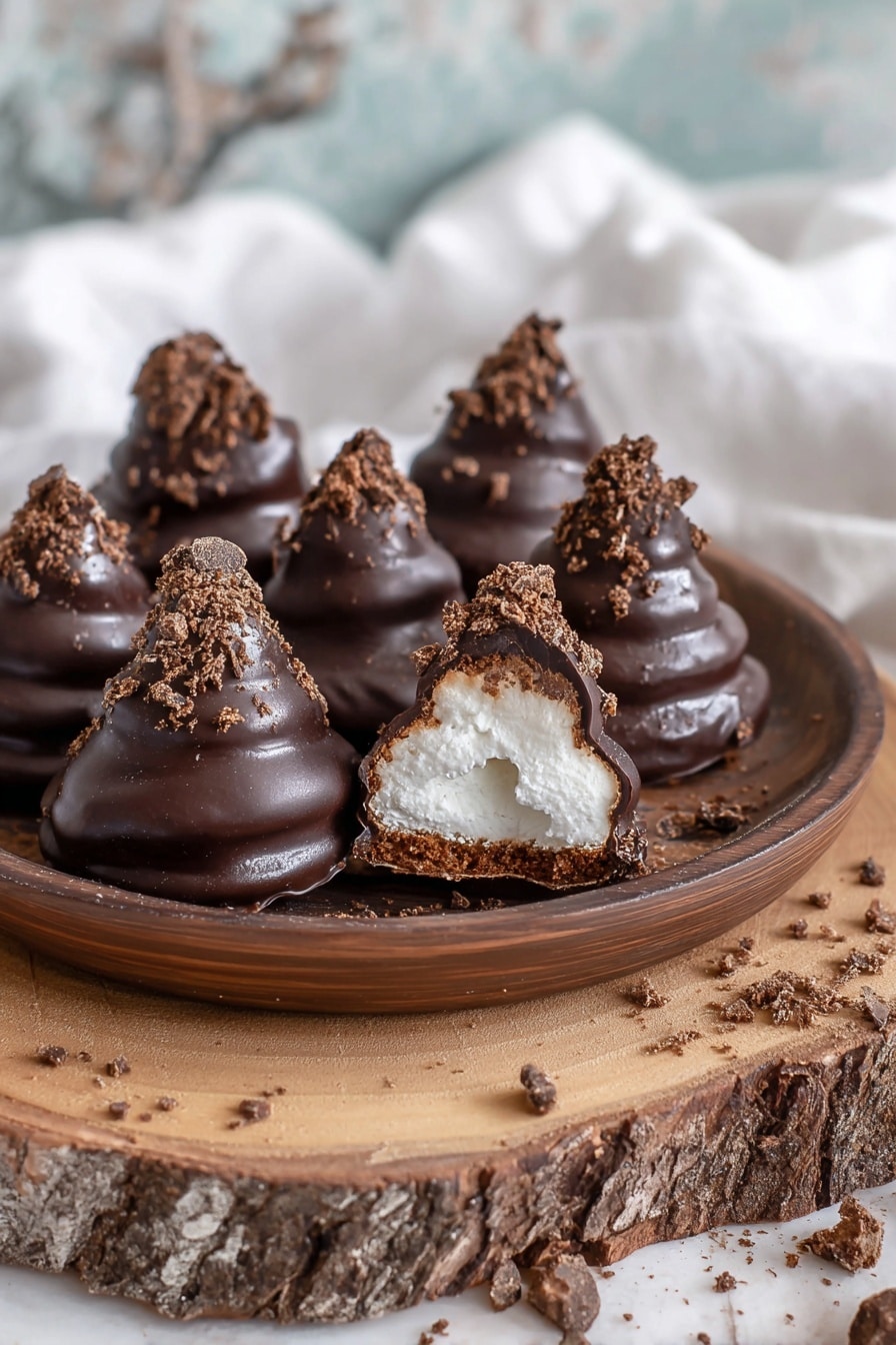 A dark brown round wooden plate holds six cone-shaped chocolate treats with three thick layers of glossy chocolate coating. One treat is sliced open, showing three layers inside: a crisp dark brown base, a thick soft white middle layer with a light texture, and a smooth pointed chocolate top with chocolate crumbs sprinkled on all. The plate is placed on a natural rough wooden slab, with some chocolate crumbs around. The background is a white marbled texture with soft blurred spots, and a white cloth is partly visible behind the plate. Photo taken with an iphone --ar 2:3 --v 7 - Lebkuchen Schokoküsse, Lebkuchen Schokoküsse Rezept, lebkuchen biscuit marshmallow, German holiday treats, spicy chocolate marshmallows