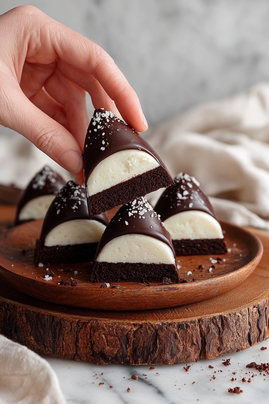 A white wooden plate holds six swirled chocolate-coated meringue treats arranged close together, each topped with crumbled biscuit bits. The outer layer is a shiny dark chocolate shell with a textured, thick swirl shape, and inside is a fluffy, pure white meringue. One of the treats is cut in half showing the fluffy inside, and small chocolate crumbs scatter around on the plate and the white marbled surface beneath. A woman's hand is gently picking up one of the meringues, adding a sense of scale and action in the warm close-up shot. photo taken with an iphone --ar 2:3 --v 7 - Lebkuchen Schokoküsse, Lebkuchen Schokoküsse Rezept, lebkuchen biscuit marshmallow, German holiday treats, spicy chocolate marshmallows