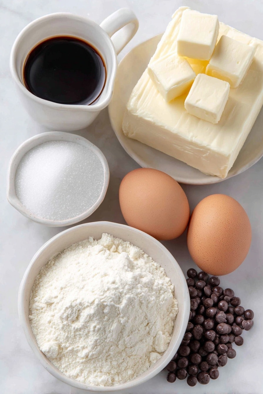 Flat lay of a small pile of superfine caster sugar in a simple white ceramic bowl, a few cubes of softened pale yellow butter on a white ceramic plate, two whole brown eggs with clean shells, a small white ceramic bowl of clear vanilla extract, a modest heap of self-raising flour on a white ceramic plate, a block of smooth white fondant icing sitting on a white ceramic dish, and a scattering of small shiny chocolate balls on the white surface, all ingredients arranged symmetrically and naturally, placed on a clean white marble surface, soft natural light, photo taken with an iPhone, professional food photography style, fresh ingredients, white ceramic bowls, no bottles, no duplicates, no utensils, no packaging --ar 2:3 --v 7 --p m7354615311229779997 - Autumn Chocolate Cupcakes with Gold Accents, fall dessert recipes, elegant cupcake ideas, festive chocolate cupcakes, autumn dessert decorations
