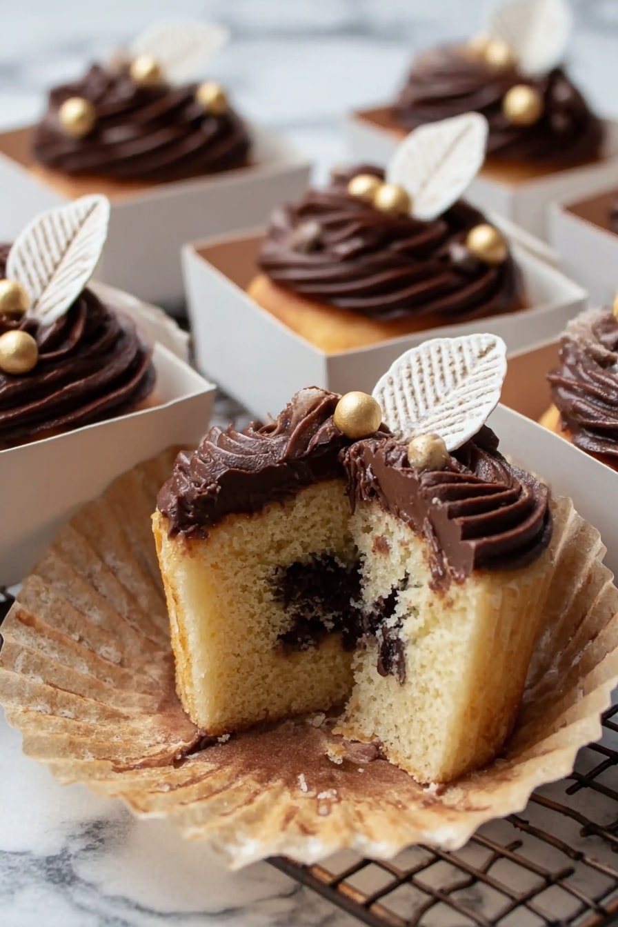 The image shows multiple small square brown paper boxes filled with chocolate cupcakes. Each cupcake is topped with swirled dark chocolate frosting that has a smooth and glossy texture. On top of the frosting are two white chocolate leaves placed side by side, standing upright in the center. Around the leaves, there are small, round, shiny gold-colored edible balls scattered evenly on the frosting. The boxes sit on a white marbled surface with a minimal background. The photo is taken with an iphone --ar 2:3 --v 7 - Autumn Chocolate Cupcakes with Gold Accents, fall dessert recipes, elegant cupcake ideas, festive chocolate cupcakes, autumn dessert decorations