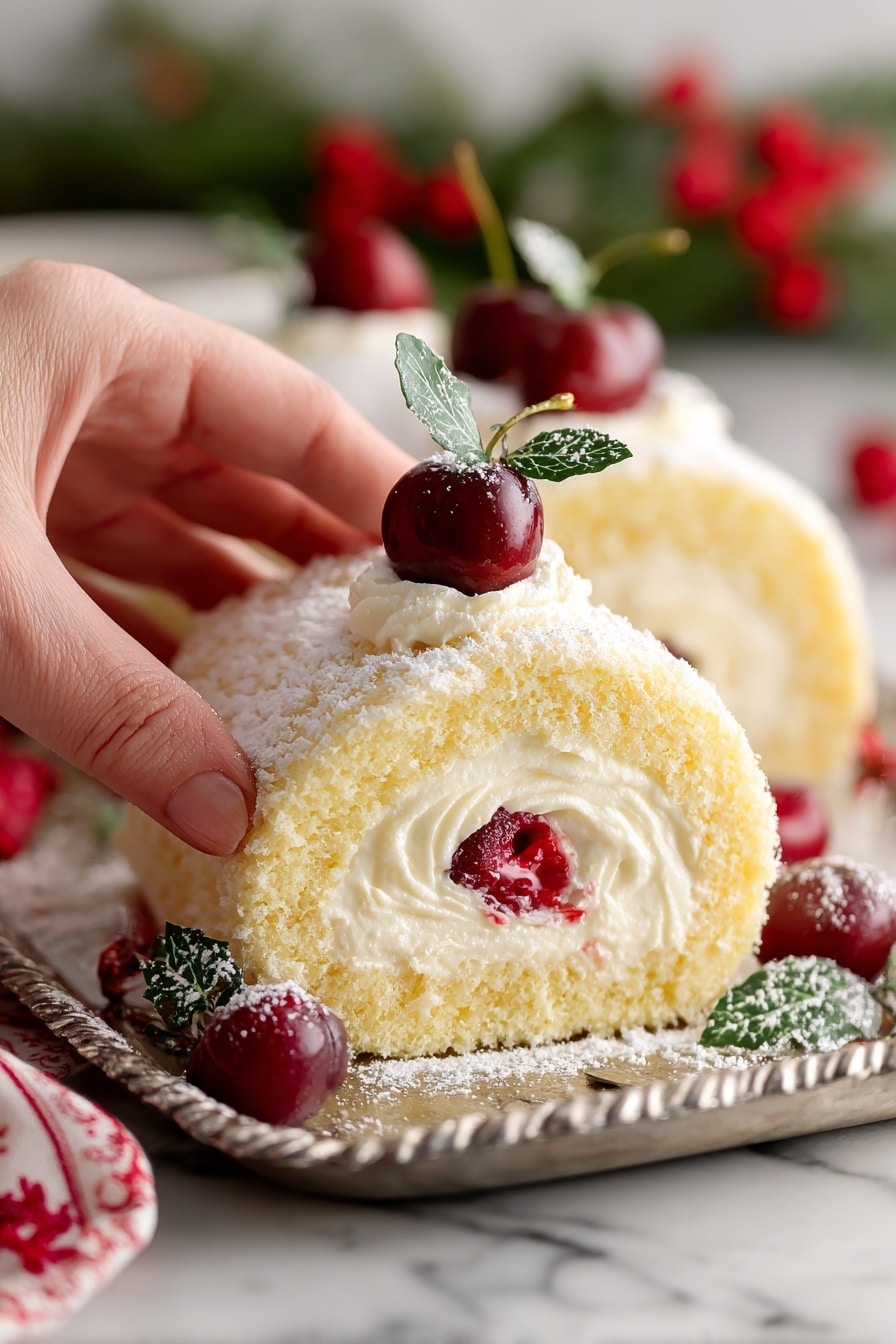 The image shows a cream-colored roll cake placed on a shiny silver tray over a white marbled surface. The cake has a textured outer layer and is topped with a thick, creamy white frosting in soft swirled peaks along its length. On top of the frosting are deep red cherries with stems, each lightly dusted with powdered sugar. Small green leaves are also placed on top and around the cake for decoration. Additional cherries and green leaves are arranged in front of the cake on the tray. The background has a festive look with red and green holiday decorations. Photo taken with an iphone --ar 2:3 --v 7 - Cherry Mascarpone Pavlova Roll, Pavlova Roll with Cherries, Easy Cherry Pavlova Dessert, Elegant Cherry Meringue Roll, Fresh Cherry Mascarpone Cake