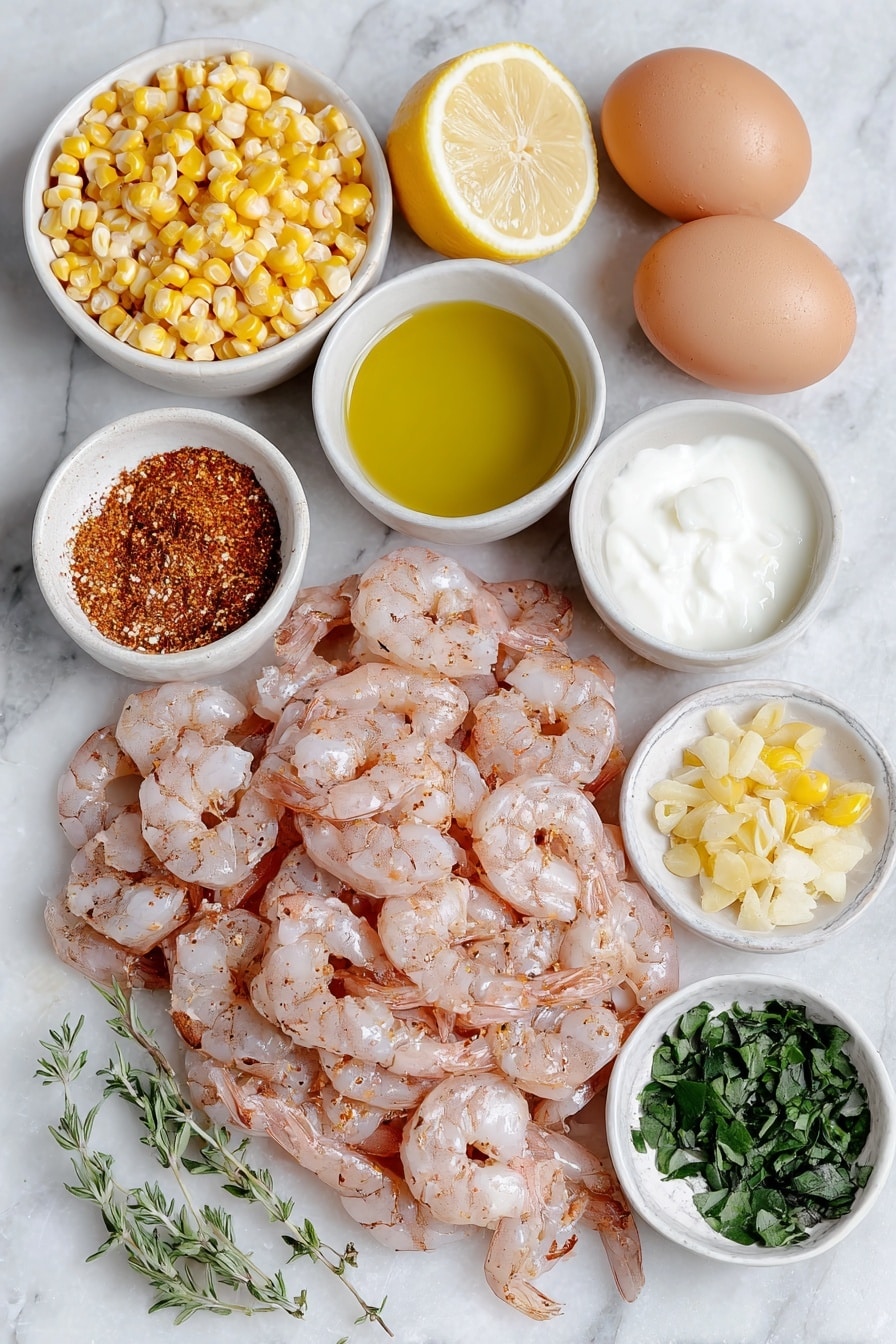 Flat lay of peeled and deveined raw shrimp with a light pink hue, a small mound of Cajun or Creole seasoning with visible paprika and herbs, a few glossy garlic cloves, one small yellow diced onion, a finely chopped dark green poblano pepper, fresh bright yellow corn kernels from shucked ears, uncooked dry orzo pasta grains, a small white ceramic bowl with extra-virgin olive oil, a small white ceramic bowl with coconut milk, a small white ceramic bowl with vegetable broth, a small white ceramic bowl with melted butter, fresh thyme sprigs scattered, half a lemon with seeds visible, some fresh basil leaves, whole uncracked brown eggs placed aside for contrast, all ingredients neatly arranged in perfect symmetry on a clean white marble surface, soft natural light, photo taken with an iPhone, professional food photography style, fresh ingredients, white ceramic bowls, no bottles, no duplicates, no utensils, no packaging --ar 2:3 --v 7 --p m7354615311229779997 - Creamy Shrimp and Corn Orzo Skillet, Shrimp and Corn Orzo dinner, One-pan shrimp pasta, Easy seafood skillet recipe, Creamy seafood orzo