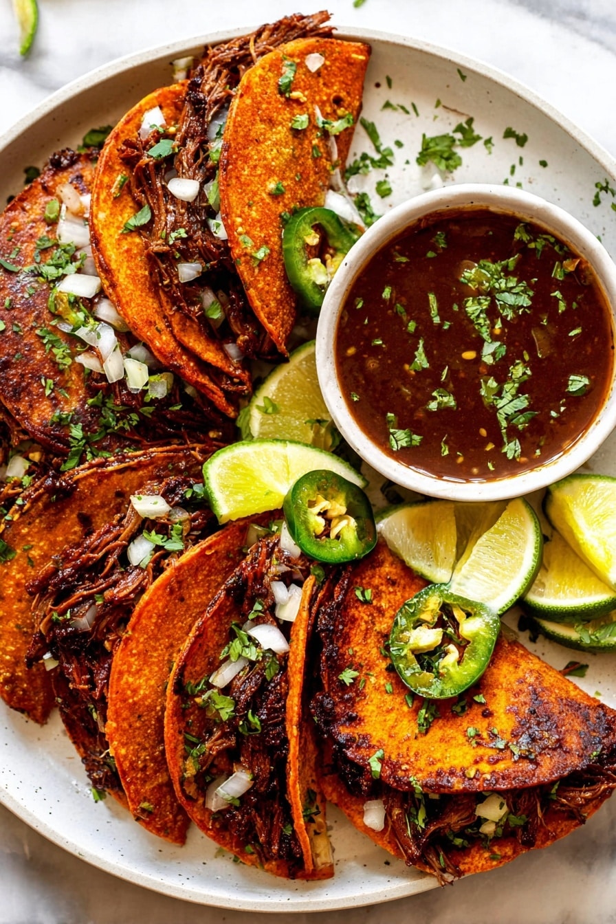 Beef Birria Tacos Recipe 8 This image shows a white round plate on a white marbled surface holding five crispy red tacos with a textured surface, all folded in half. Each taco is filled with shredded dark brown meat mixed with small white onion pieces and chopped green cilantro. Some tacos have slices of fresh green jalapeño peppers visible among the filling. In the middle of the plate, there are small wedges of lime and a small white bowl filled with a dark reddish-brown sauce, garnished with scattered green herbs. The tacos look grilled with slightly charred spots. photo taken with an iphone --ar 2:3 --v 7 - Beef Birria Tacos, Authentic Mexican Birria Tacos, How to Make Birria Tacos, Spicy Beef Birria Tacos, Best Birria Tacos Recipe