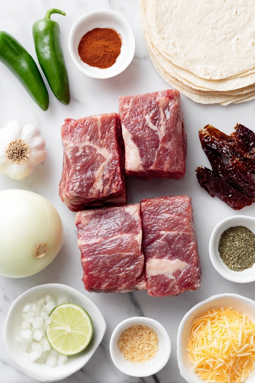 Authentic Birria Tacos Recipe 7 Flat lay of fresh large chunks of raw chuck roast beef, two beef short ribs with bone in, a large white onion halved crosswise showing smooth layers, an unpeeled garlic bulb with the narrow top cut off, four large pieces of fresh peeled carrot, five dried bay leaves, eight dried guajillo chiles with stems removed, a small white ceramic bowl of reddish chili powder, a small white ceramic bowl of ground cumin powder, a small white ceramic bowl of Mexican oregano leaves, a small white ceramic bowl of coarse salt, a small white ceramic bowl with golden chicken bouillon granules, a small white ceramic bowl of diced white onion, a small white ceramic bowl of chopped fresh cilantro, a small white ceramic bowl of fresh lime wedges, a stack of white corn tortillas neatly arranged, and a small white ceramic bowl filled with shredded quesadilla cheese, all arranged symmetrically and freshly presented, placed on a clean white marble surface, soft natural light, photo taken with an iPhone, professional food photography style, fresh ingredients, white ceramic bowls, no bottles, no duplicates, no utensils, no packaging --ar 2:3 --v 7 --p m7354615311229779997 - Authentic Birria Tacos, Birria Tacos recipe, Mexican birria tacos, homemade birria tacos, best birria tacos