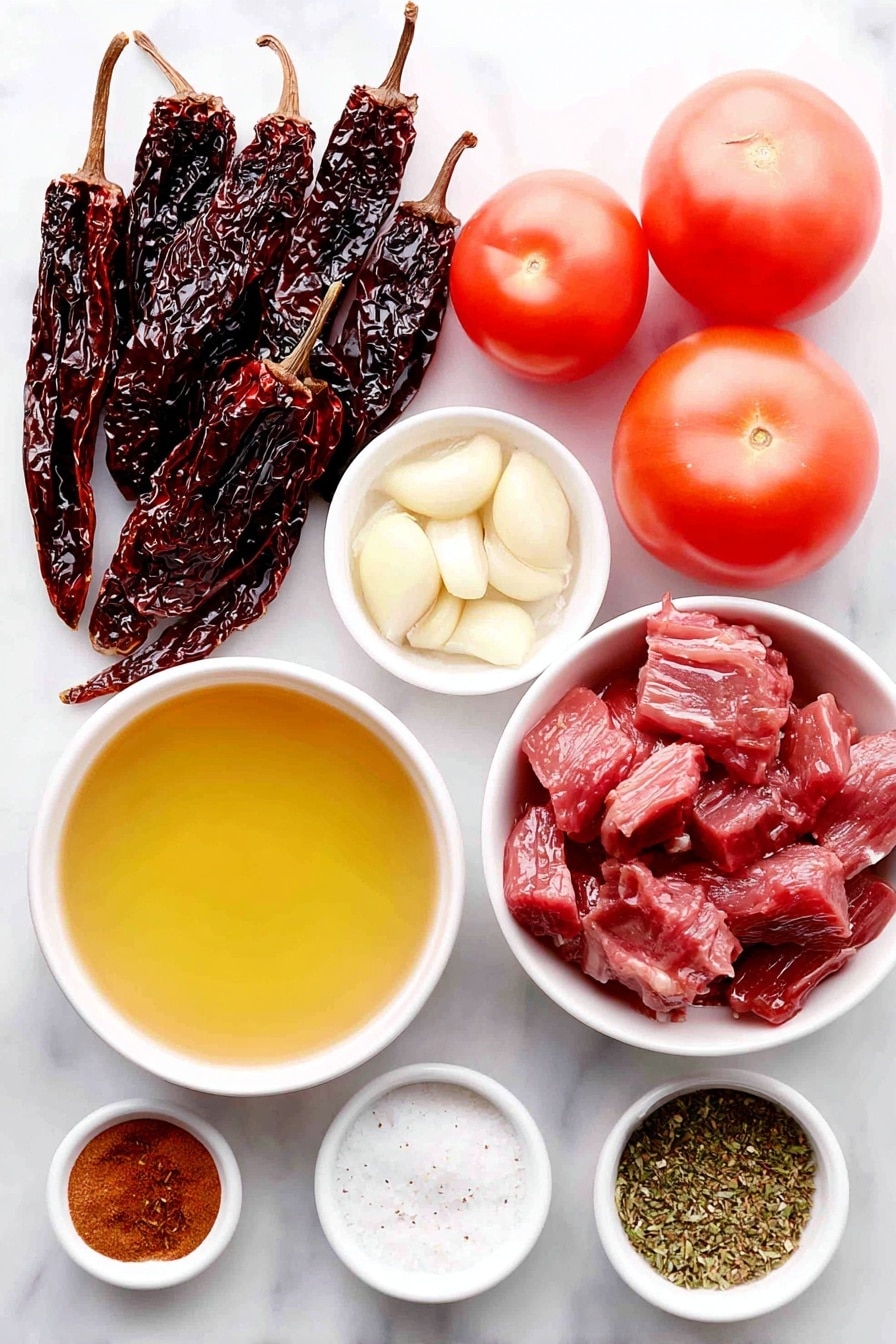 Authentic Mexican Birria Stew Recipe 7 Flat lay of five dried ancho peppers with stems and seeds removed, five dried guajillo peppers cleaned, three small red chiles de árbol, a small white ceramic bowl of golden olive oil, one large white onion quartered, three large fresh red tomatoes quartered, five peeled garlic cloves, a small white ceramic bowl of dried Mexican oregano, a small white ceramic bowl of sea salt crystals, a small white ceramic bowl of ground cinnamon, a small white ceramic bowl of ground cumin, a small white ceramic bowl of ground ginger, a small white ceramic bowl of whole black peppercorns, a small white ceramic bowl filled with pale amber apple cider vinegar, two large charred roasted tomatoes chopped, a small white ceramic bowl of rich beef stock, and chunks of raw lamb shoulder arranged neatly, all placed on a clean white marble surface, soft natural light, photo taken with an iPhone, professional food photography style, fresh ingredients, white ceramic bowls, no bottles, no duplicates, no utensils, no packaging --ar 2:3 --v 7 --p m7354615311229779997 - Authentic Mexican Birria Stew, Mexican Birria Stew, homemade birria recipe, traditional Mexican stew, juicy birria tacos