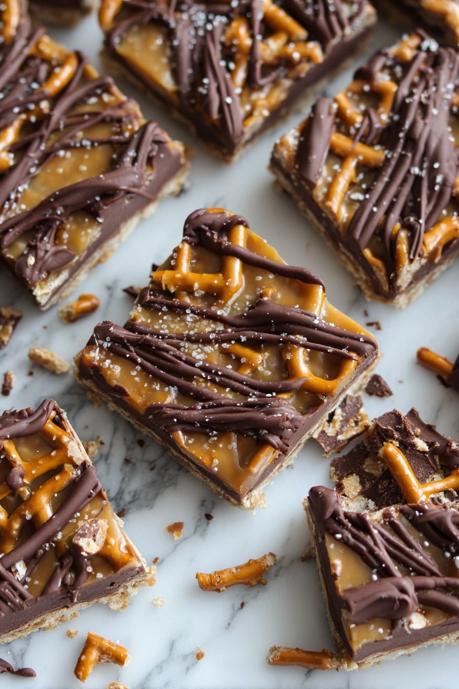 The image shows square pieces of a sweet treat on a white marbled surface. Each piece has three layers: a bottom layer of dark brown chocolate, a middle layer of light brown pretzels covered with a shiny caramel glaze, and a top layer of dark brown chocolate drizzled in a crisscross pattern. Some pieces have small pieces taken out, showing a crunchy texture inside. Small crumbs and broken pieces are scattered around the squares. Photo taken with an iphone --ar 2:3 --v 7 - Salted Caramel Pretzel Bark, salted caramel pretzel bark recipe, homemade caramel pretzel bark, easy sweet and salty treats, festive holiday candy