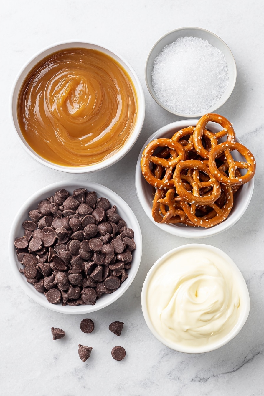 Flat lay of a small pile of glossy semi-sweet chocolate chips, a handful of crunchy twisted pretzels, a small white ceramic bowl filled with smooth, rich caramel sauce, a small white ceramic bowl holding thick, fresh heavy cream, and a few flakes of coarse sea salt scattered neatly on a simple white ceramic dish, all arranged with perfect symmetry and balanced proportions, placed on a clean white marble surface, soft natural light, photo taken with an iPhone, professional food photography style, fresh ingredients, white ceramic bowls, no bottles, no duplicates, no utensils, no packaging --ar 2:3 --v 7 --p m7354615311229779997 - Salted Caramel Pretzel Bark, salty caramel chocolate bark, easy sweet and salty dessert, quick pretzel bark recipe, homemade caramel pretzel candy