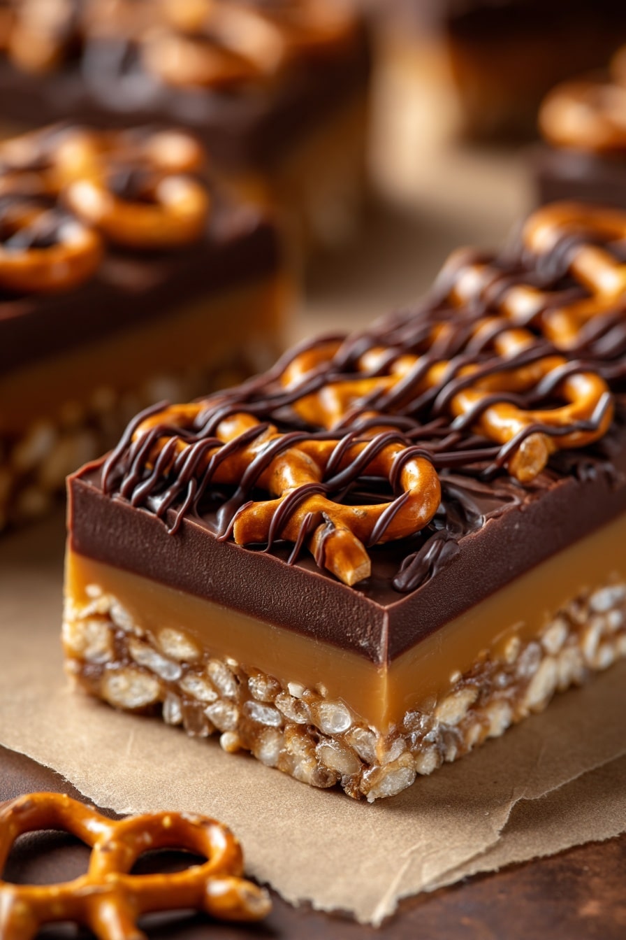 A bar with three clear layers: the bottom layer is dark brown chocolate, smooth and solid; the middle layer is caramel light brown and sticky with small white puffed rice pieces embedded inside; the top layer is a network of twisted pretzels covered in caramel, with dark brown chocolate lines drizzled over the pretzels. The bar is on light brown paper with other pieces blurred in the background. photo taken with an iphone --ar 2:3 --v 7 - Salted Caramel Pretzel Bark, salty caramel chocolate bark, easy sweet and salty dessert, quick pretzel bark recipe, homemade caramel pretzel candy