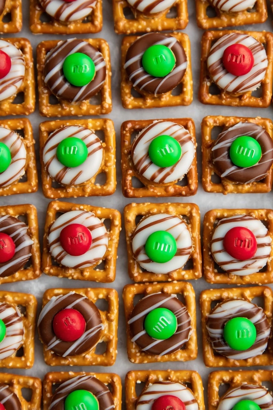 Two white plates sit on a wooden board with a white marbled background. The top plate is filled with snacks made of square pretzels as the bottom layer, topped with round milk chocolate pieces and red or green M&M candies in the center. Around the plate, silver-wrapped Hershey's Kisses are scattered. The bottom plate has similar square pretzels at the base, layered with white cream and drizzled with a light brown sauce, each topped with a red or green M&M candy. More silver Hershey's Kisses are placed around this plate on the board. The photo taken with an iphone --ar 2:3 --v 7 - Hershey's Kiss Pretzel Bites, easy chocolate pretzel bites, salty sweet snack recipes, quick party appetizers, simple holiday treats