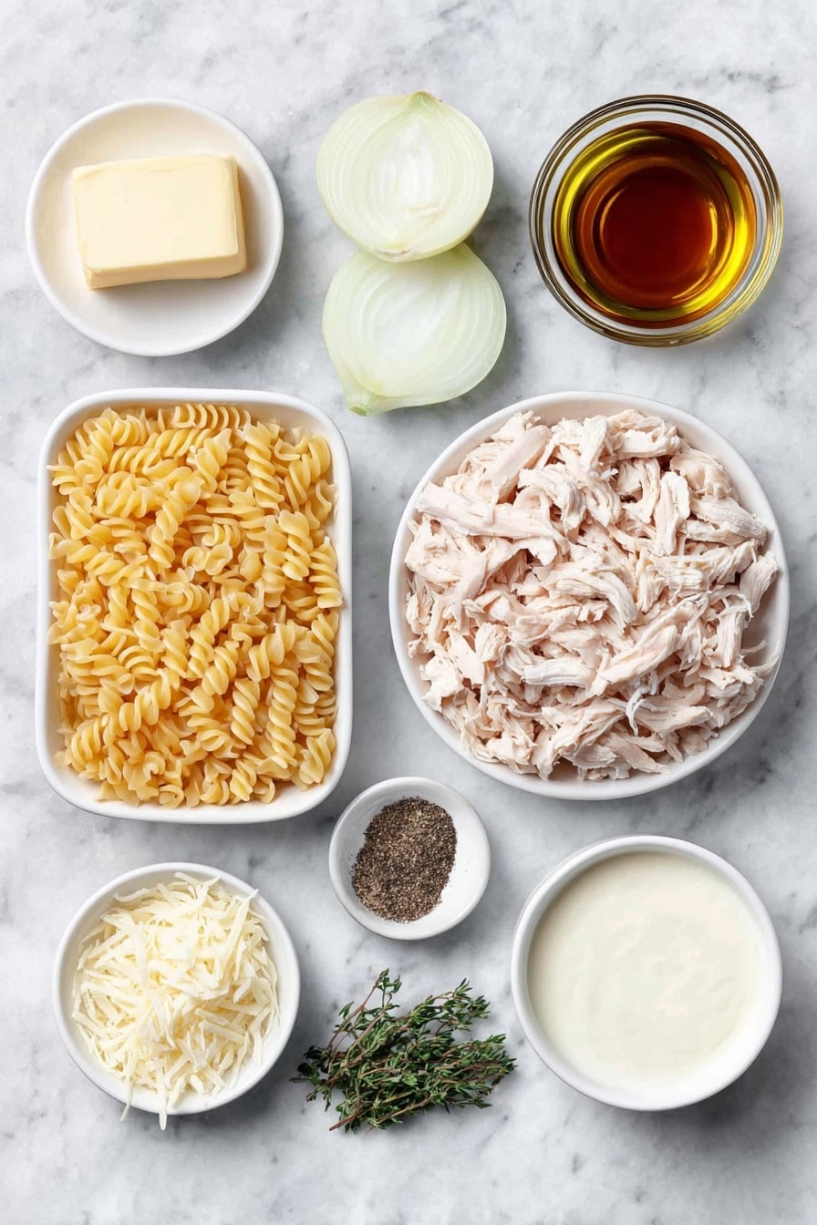 Flat lay of a small white ceramic bowl of unsalted butter, a small white ceramic bowl of olive oil, two large yellow onions thinly sliced arranged neatly, three whole uncracked garlic cloves, a simple pile of orzo pasta, shredded cooked chicken arranged in a small mound, a few sprigs of dried thyme, a small white ceramic bowl of black pepper, a small white ceramic bowl of low-sodium chicken broth, a small white ceramic bowl of heavy cream, a small pile of shredded mozzarella cheese, a small mound of grated Parmesan cheese, placed on a clean white marble surface, soft natural light, photo taken with an iPhone, professional food photography style, fresh ingredients, white ceramic bowls, no bottles, no duplicates, no utensils, no packaging --ar 2:3 --v 7 --p m7354615311229779997 - French Onion Chicken Orzo Bake, cheesy chicken pasta bake, caramelized onion casserole, one-pan chicken orzo recipe, comfort food chicken bake