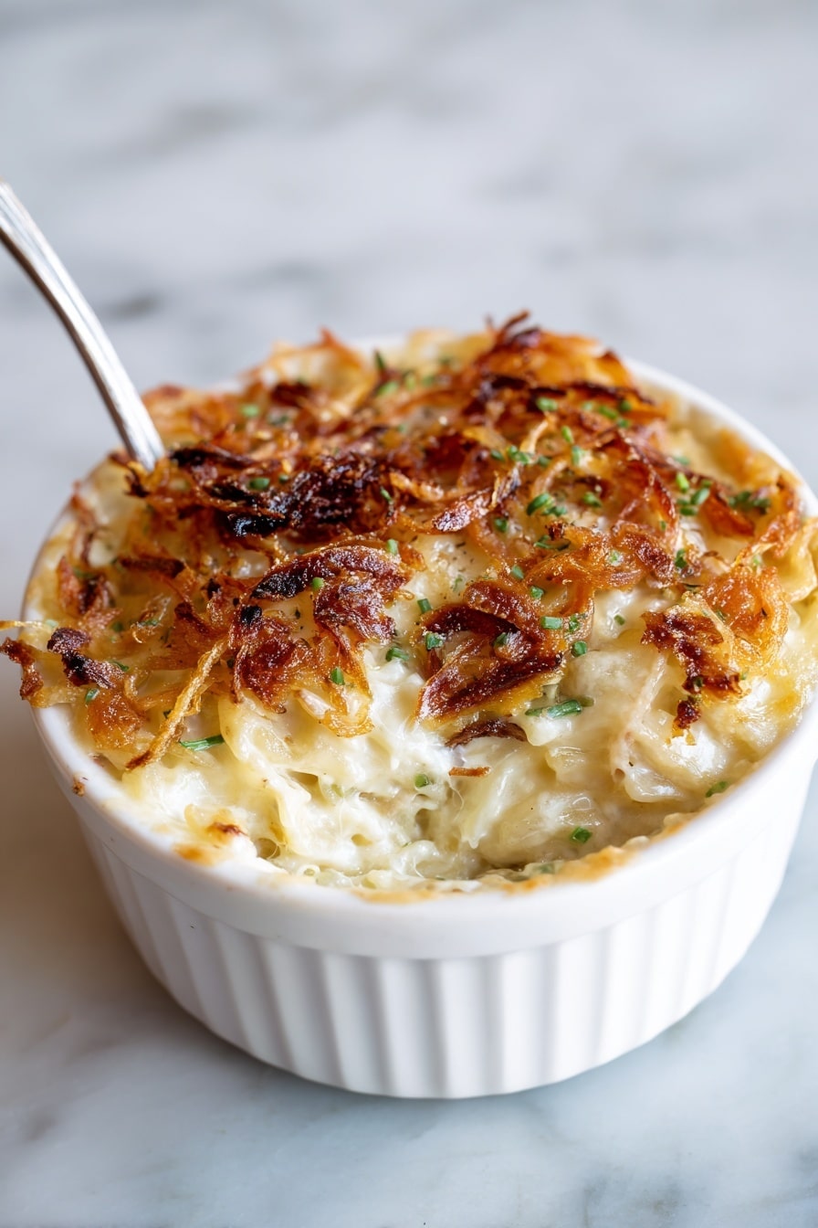 A white baking dish filled with a creamy, layered casserole that has a bubbly golden brown top layer covered with crispy, caramelized fried onions sprinkled with small bits of green herbs. The dish shows a thick bottom layer of creamy sauce mixed with pasta and melted cheese strands stretching as a wooden spoon lifts the portion. The colors shift from light cream tones in the saucy pasta to dark golden and slightly burnt crispy onions on top, creating a rich texture contrast. The background is a white marbled surface. photo taken with an iphone --ar 2:3 --v 7 - French Onion Chicken Orzo Bake, cheesy chicken pasta bake, caramelized onion casserole, one-pan chicken orzo recipe, comfort food chicken bake