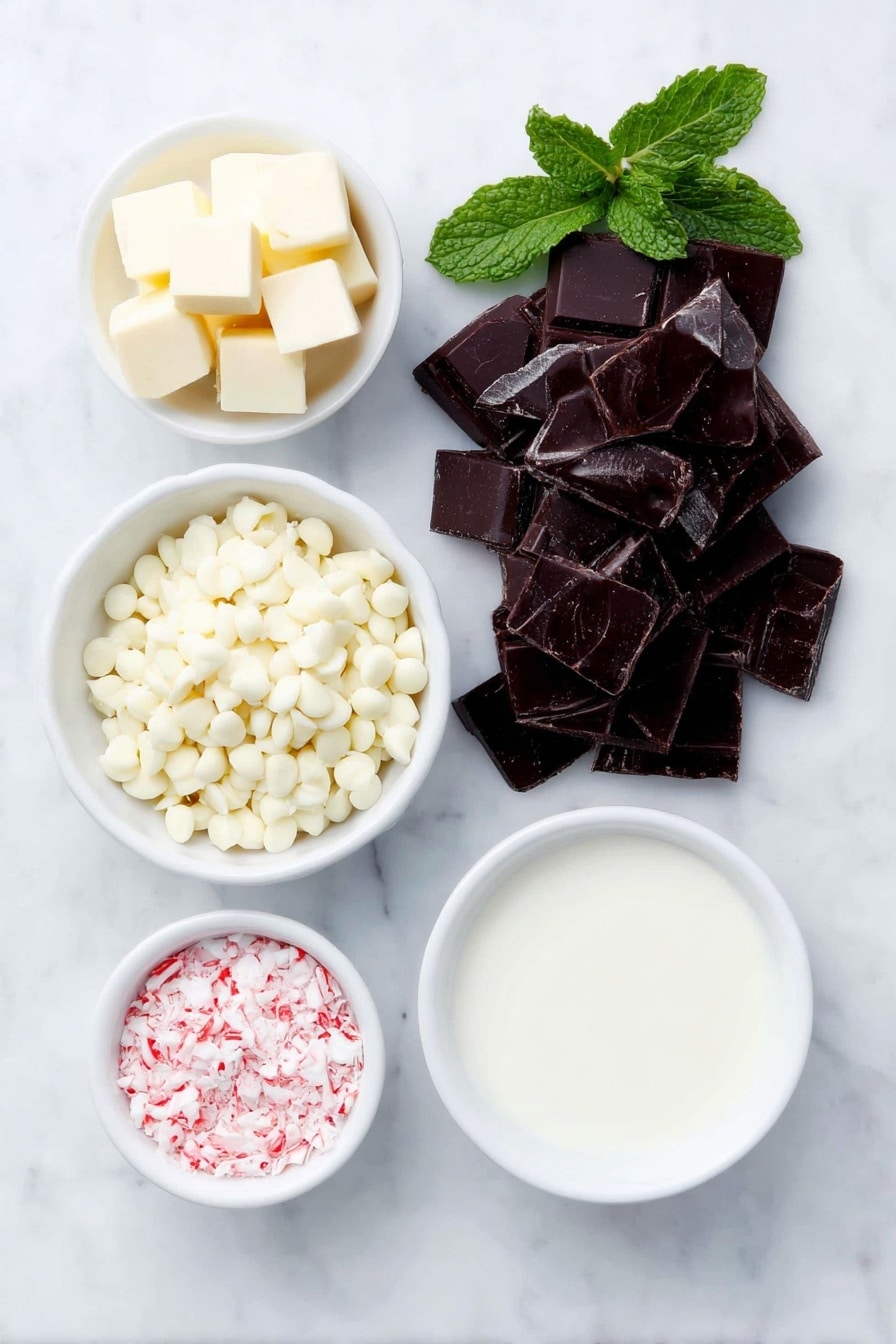 Peppermint Swirl Fudge Recipe 7 Flat lay of semi-sweet chocolate chips in a small pile, a small white ceramic bowl with unsalted butter cubes, a small white ceramic bowl filled with smooth sweetened condensed milk, a few fresh peppermint leaves, a small white ceramic bowl with white chocolate chips, a small white ceramic bowl containing a few drops of vibrant red gel food coloring, and a small white ceramic bowl of crushed peppermint candies, all evenly spaced forming a balanced symmetrical arrangement, placed on a clean white marble surface, soft natural light, photo taken with an iPhone, professional food photography style, fresh ingredients, white ceramic bowls, no bottles, no duplicates, no utensils, no packaging --ar 2:3 --v 7 --p m7354615311229779997 - Peppermint Swirl Fudge, Peppermint Swirl Fudge Recipe, Christmas Fudge, Holiday Fudge, Easy Peppermint Fudge