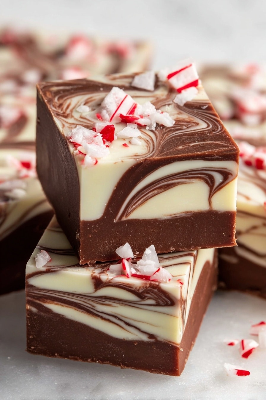 Peppermint Swirl Fudge Recipe 6 This image shows three square pieces of chocolate fudge with a marbled pattern of dark brown and creamy white layers, stacked with one piece on top of two others. Each piece has a smooth, glossy surface with swirls where the two colors mix. On top of the fudge pieces, there are small, uneven white candy bits with red stripes, giving a peppermint look. The edges are clean but slightly rough from cutting. The background is a white marbled texture. Photo taken with an iphone --ar 2:3 --v 7 - Peppermint Swirl Fudge, Peppermint Swirl Fudge Recipe, Christmas Fudge, Holiday Fudge, Easy Peppermint Fudge