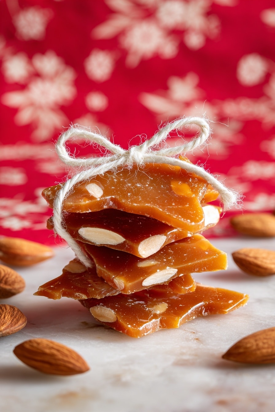 A round white bowl lined with white parchment paper holds several large pieces of brown caramel nut brittle. The brittle pieces are unevenly shaped with a shiny, slightly glossy surface, filled with visible nuts inside the caramel. The bowl is placed on a white marbled surface, with another bowl partly visible in the background. Photo taken with an iphone --ar 2:3 --v 7 - Homemade Peanut Brittle, peanut brittle recipe, crunchy peanut candy, easy candy recipe, salted peanut brittle