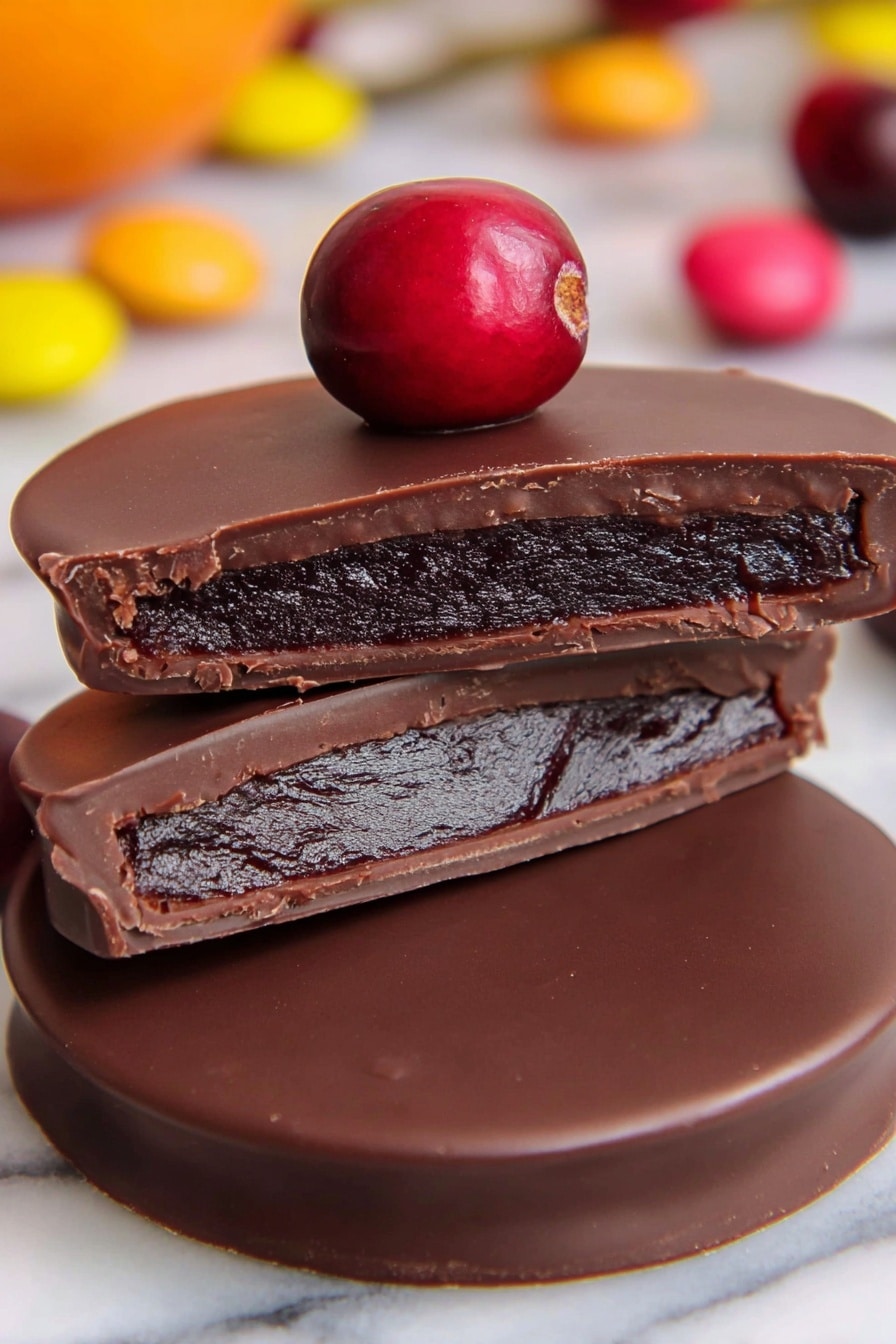 Chocolate-Covered Cranberry Bites Recipe 8 The image shows a close-up of a round chocolate-covered treat with two thick layers. The bottom layer is a flat chocolate disk with a smooth, glossy surface. On top of that, there is a second layer broken into two pieces, revealing a thick, dark, almost black filling inside. This filling contrasts with the lighter, milk-chocolate outer shell. A single shiny red berry sits on top of the cut pieces, adding a pop of color. The treat is placed on a white marbled surface with blurred colorful round objects in the background. photo taken with an iphone --ar 2:3 --v 7 - Chocolate-Covered Cranberry Bites, festive holiday treats, easy cranberry chocolate snacks, quick holiday dessert, elegant Christmas sweets
