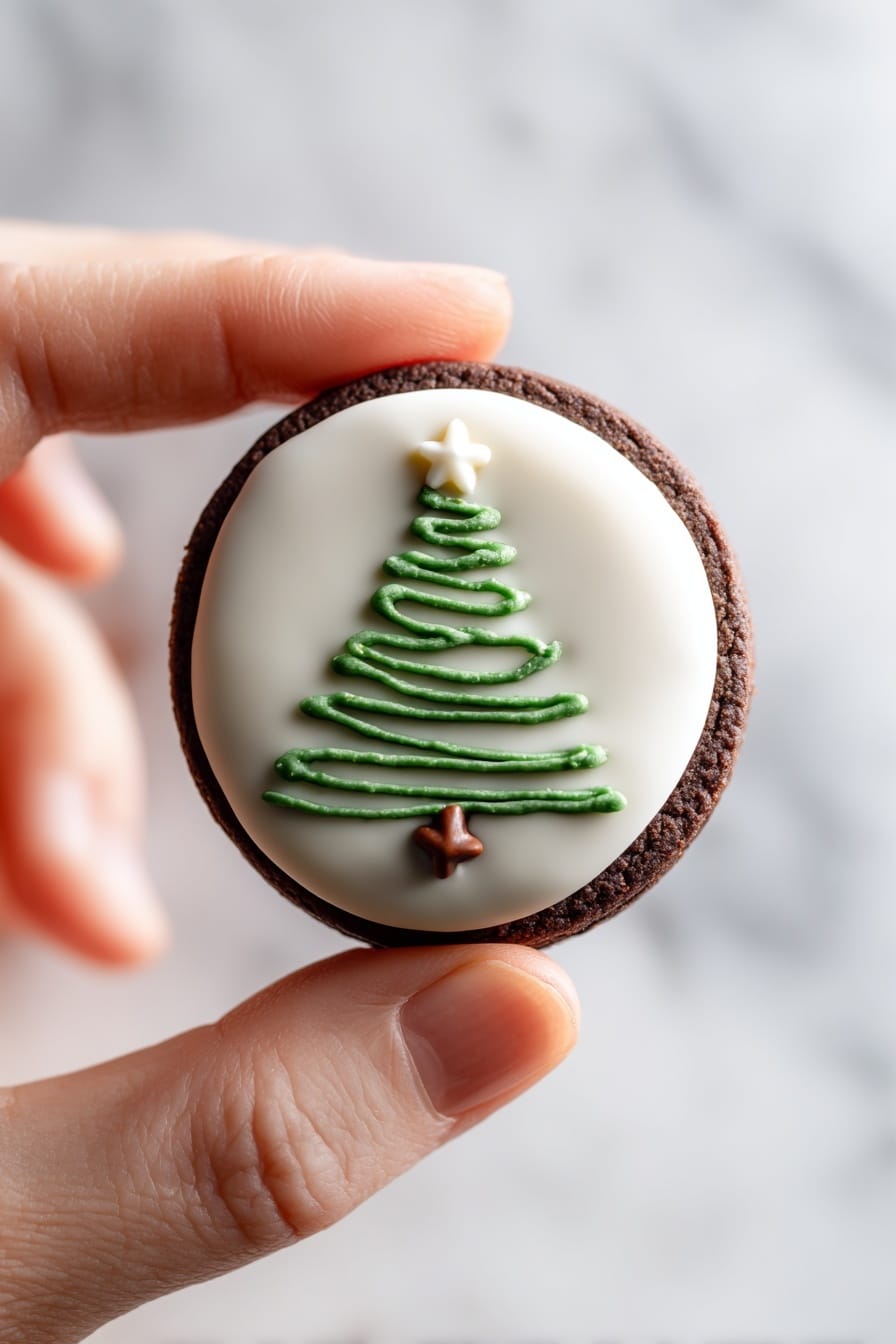 There are eight round chocolate sandwich cookies on a white marbled surface lined with parchment paper inside a baking pan. Each cookie is dipped halfway into white chocolate, covering the bottom half, with smooth glossy texture. On top of the white chocolate, a Christmas tree is drawn with shiny green icing, made of zigzag lines filling the cookie's surface. The tree trunk is a small brown line, and a small white star made of icing sits right above the tree on each cookie. Photo taken with an iphone --ar 2:3 --v 7 - Christmas Oreo Tree Cookies, Festive Oreo Tree Cookies, Holiday Cookies with Oreos, Easy Christmas Cookies, Christmas Dessert Recipes