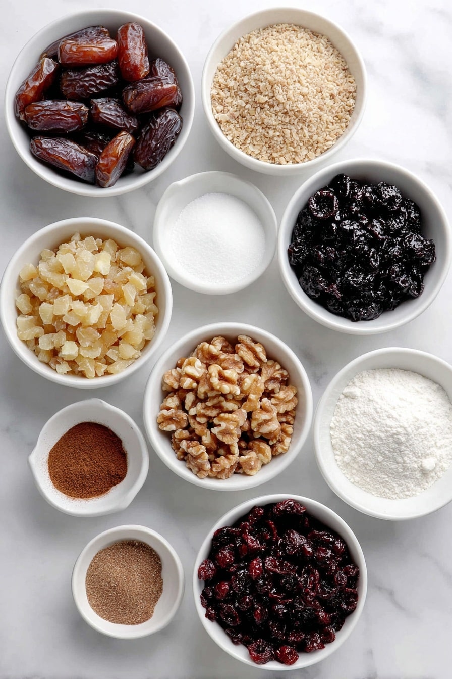 Flat lay of coarsely chopped pitted dates, coarsely chopped toasted walnuts, coarsely chopped dried cranberries, coarsely chopped prunes, coarsely chopped skinless toasted hazelnuts, small white bowl of cherry preserves, small white bowl of ground cinnamon, small white bowl of ground cloves, small white bowl of granulated sugar, all ingredients fresh and natural, arranged in perfect symmetry, balanced layout, simple white ceramic bowls, placed on a clean white marble surface, soft natural light, photo taken with an iPhone, professional food photography style, fresh ingredients, white ceramic bowls, no bottles, no duplicates, no utensils, no packaging --ar 2:3 --v 7 --p m7354615311229779997 - No-Bake Holiday Sugarplums, holiday no-bake treats, no-bake festive confections, easy Christmas sweets, simple holiday desserts