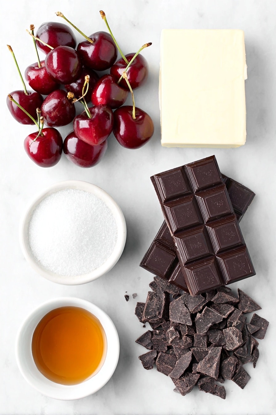 Flat lay of fresh bright red maraschino cherries with stems, a small log of smooth pale yellow butter, glossy white powdered sugar in a neat mound, golden amber corn syrup in a small simple white ceramic bowl, melting rich dark semi-sweet chocolate chunks, smooth dark dipping chocolate pieces, a small white bowl of clear glossy coconut oil, placed on a clean white marble surface, soft natural light, photo taken with an iPhone, professional food photography style, fresh ingredients, white ceramic bowls, no bottles, no duplicates, no utensils, no packaging --ar 2:3 --v 7 --p m7354615311229779997 - Chocolate Covered Cherry Delights, cherry cordial candies, homemade cherry chocolates, chocolate dipped cherry treats, classic cherry confections