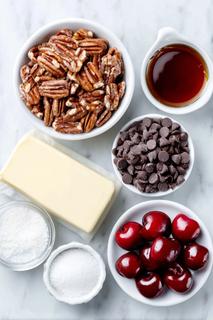 Flat lay of finely chopped pecans in a simple white ceramic bowl, a small white bowl filled with amber bourbon, a small white bowl of finely chopped bright red maraschino cherries, a slab of soft pale yellow butter on a white ceramic plate, a mound of white powdered sugar in a small white bowl, a small white bowl with glossy semi-sweet chocolate chips, a small white bowl containing smooth white coconut oil, and a neat arrangement of glossy red candied cherry halves on a white ceramic plate, all placed on a clean white marble surface, soft natural light, photo taken with an iPhone, professional food photography style, fresh ingredients, white ceramic bowls, no bottles, no duplicates, no utensils, no packaging --ar 2:3 --v 7 --p m7354615311229779997 - Cherry Bourbon Balls, bourbon cherry treats, chocolate bourbon confections, festive bourbon dessert, easy boozy holiday treats