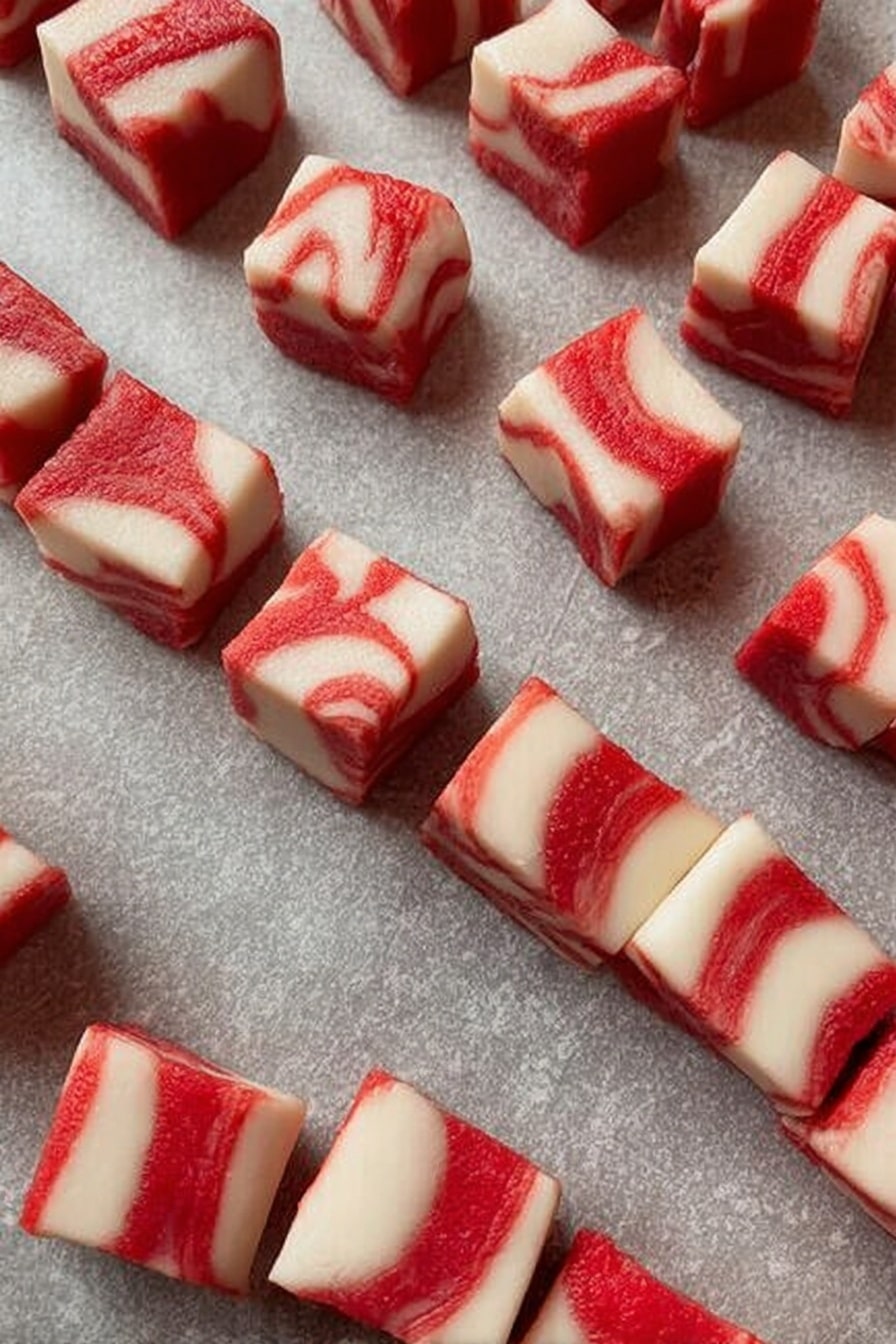 The image shows rows of small pieces of dough with red and white layers. Each piece is square or rectangular, with a marbled pattern where the red swirls into the white dough, creating a striped look. The dough pieces are neatly lined up on a sheet of paper with a gray, speckled texture underneath them. The layers appear soft and smooth, and the red parts vary in shade from bright to a deeper red, while the white parts are clean and creamy. photo taken with an iphone --ar 2:3 --v 7 - Homemade Peppermint Butter Mints, peppermint mints recipe, holiday peppermint candies, soft Christmas mints, homemade mint candies