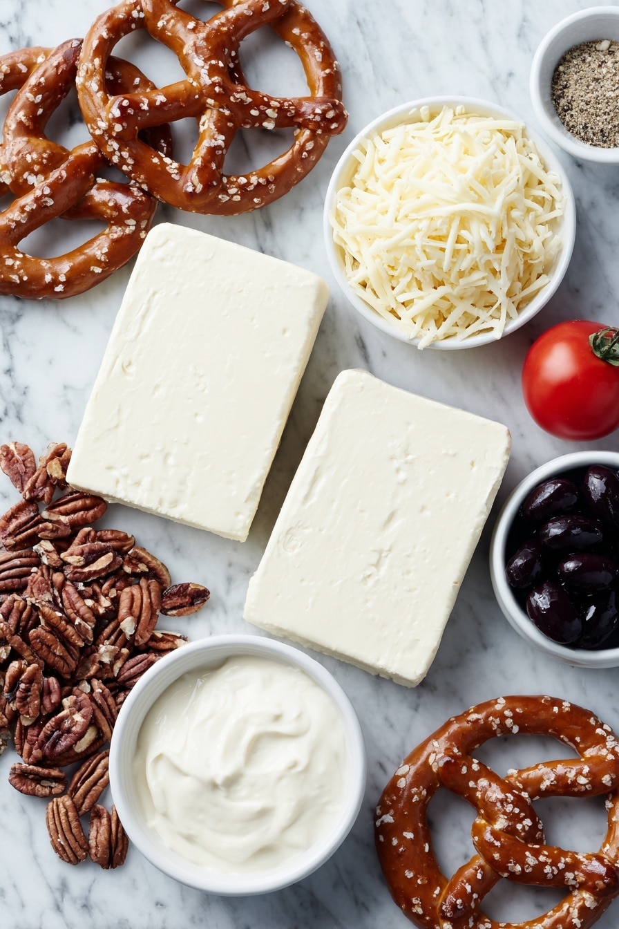 Reindeer Cheese Ball with Pretzels and Nuts Recipe 7 Flat lay of two blocks of fresh cream cheese with smooth surfaces, a small white ceramic bowl filled with creamy sour cream, a neat pile of shredded medium cheddar cheese, a small white bowl containing fine ranch seasoning mix powder, a mound of roughly chopped whole pecans with natural brown shells, two whole uncracked black olives with glossy skin, one bright red cherry tomato with smooth skin, and two large classic twisted pretzels with a golden-brown crust, all arranged symmetrically and balanced on a simple white ceramic plate and bowls, placed on a clean white marble surface, soft natural light, photo taken with an iPhone, professional food photography style, fresh ingredients, white ceramic bowls, no bottles, no duplicates, no utensils, no packaging --ar 2:3 --v 7 --p m7354615311229779997 - Reindeer Cheese Ball, festive cheese ball, holiday party appetizer, Christmas cheese ball, cheese ball with pretzels and nuts