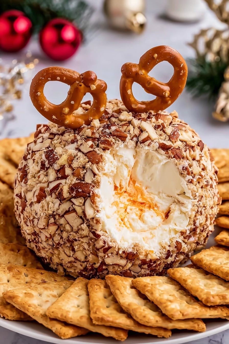 Reindeer Cheese Ball with Pretzels and Nuts Recipe 8 The image shows a round cheese ball coated with chopped nuts, giving it a rough and uneven brownish texture. The center of the cheese ball is creamy white with an orange swirl inside, visible due to a scoop taken out from the front. Two pretzels are stuck on top, resembling ears. The cheese ball is on a white plate, surrounded by an arrangement of light brown crackers around the edge. The background features a white marbled surface with holiday decorations softly blurred behind. Photo taken with an iphone --ar 2:3 --v 7 - Reindeer Cheese Ball, festive cheese ball, holiday party appetizer, Christmas cheese ball, cheese ball with pretzels and nuts