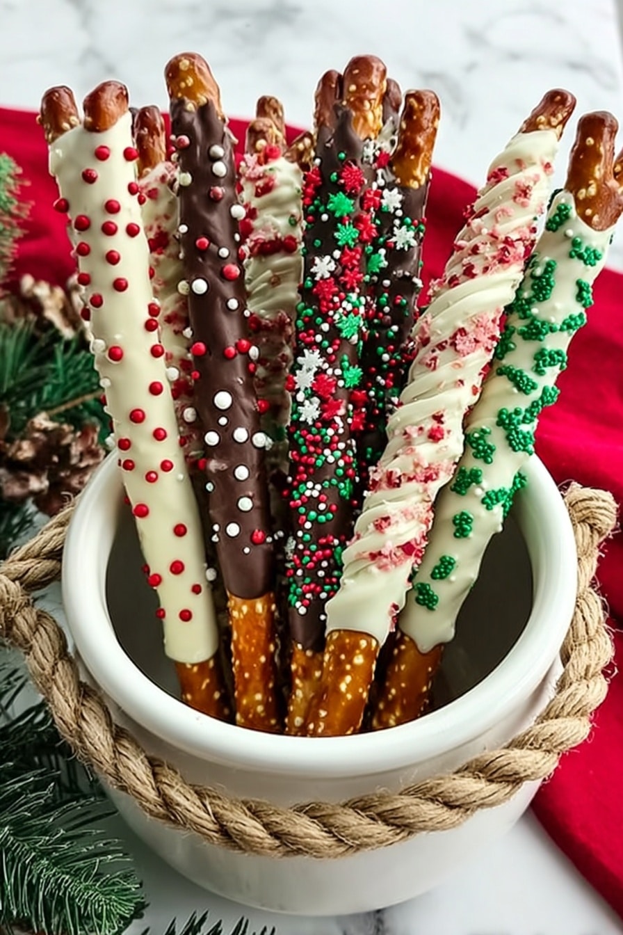 Festive Christmas Pretzel Rods Recipe 8 The image shows a white bowl with rope handles, filled with various pretzel sticks covered in different types of festive chocolate coatings and decorations. There are seven pretzel sticks in total, each with a visible pretzel base at the bottom. The first pretzel on the left is coated in light cream chocolate and decorated with small red and then white pieces. The second pretzel is coated in dark milk chocolate and covered with small red and green round sprinkles and stars. The third pretzel has a dark chocolate layer with small red, white, and green round sprinkles. The fourth pretzel is coated in white chocolate and covered with green holly leaf-shaped sprinkles and small red round sprinkles. The fifth pretzel is covered in white chocolate with green and red thin drizzle lines on top. The sixth pretzel has cream chocolate coating with red and white tiny crushed candy pieces. The bowl is set on a white marbled surface, with some green pine leaves and red cloth visible behind it. photo taken with an iphone --ar 2:3 --v 7 - Festive Christmas Pretzel Rods, Christmas pretzel treats, holiday pretzel snacks, easy Christmas desserts, colorful holiday candies