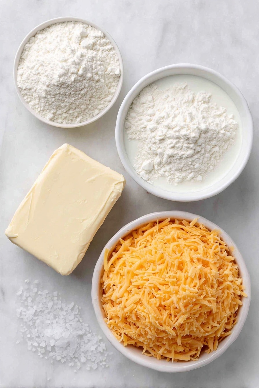 Creamy Cheddar Cheese Sauce for Pretzels Recipe 7 Flat lay of a small cube of fresh butter, a small mound of white all-purpose flour, a small white ceramic bowl filled with whole milk, a small white ceramic bowl heaped with shredded bright orange cheddar cheese, and a few grains of coarse salt artfully scattered, all arranged in perfect symmetry on a clean white marble surface, soft natural light, photo taken with an iPhone, professional food photography style, fresh ingredients, white ceramic bowls, no bottles, no duplicates, no utensils, no packaging --ar 2:3 --v 7 --p m7354615311229779997 - Creamy Cheddar Cheese Sauce for Pretzels, cheese dip for pretzels, easy cheese sauce recipe, homemade pretzel dip, cheesy pretzel topping