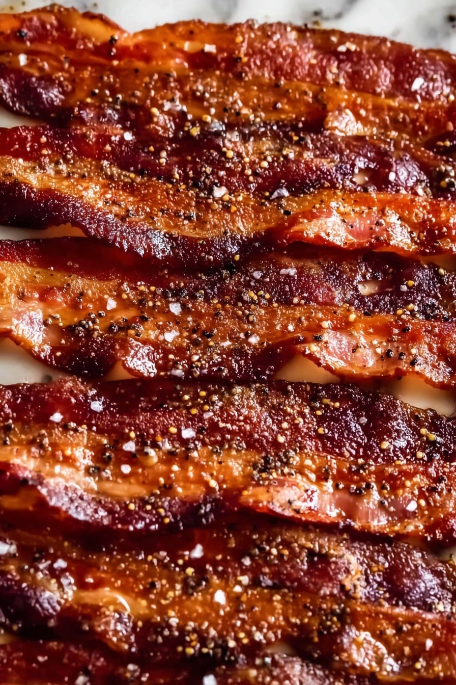 Sweet and Spicy Candied Bacon Recipe 6 The image shows several strips of cooked bacon laid out close to each other, covering the entire frame. Each strip has a glossy texture from the rendered fat, with a mix of dark brown and reddish-pink colors, showing crispy edges and softer parts. The bacon is speckled with coarse black pepper and small grains of salt, adding texture and detail. The background is a white marbled surface. Photo taken with an iphone --ar 2:3 --v 7 - Sweet and Spicy Candied Bacon, candied bacon, spicy bacon recipes, caramelized bacon, easy bacon snacks