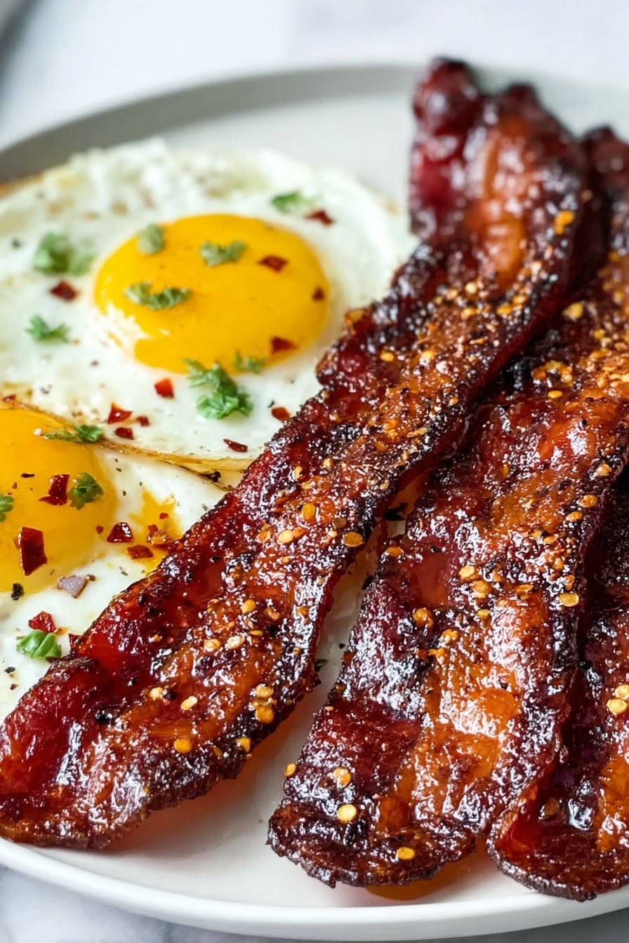 Sweet and Spicy Candied Bacon Recipe 8 The image shows a white plate on a white marbled surface with three large, crispy bacon strips in the front. The bacon is dark brown with shiny glaze and some red chili flakes on it. Behind the bacon are two sunny-side-up eggs with bright yellow yolks and white edges, sprinkled with small green herb pieces and black pepper. The food looks fresh and well-cooked. photo taken with an iphone --ar 2:3 --v 7 - Sweet and Spicy Candied Bacon, candied bacon, spicy bacon recipes, caramelized bacon, easy bacon snacks